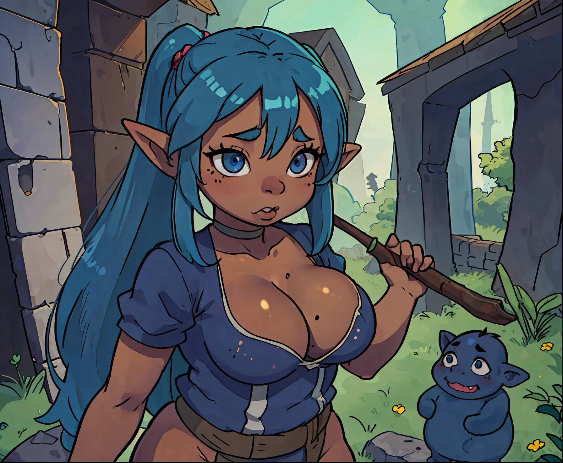 goblin, goblin girl, blue hair, very long hair, dark_ skin, dark skin goblin, wide body, very dark skin girl, small stature, very chubby, cute goblin, huge breast, very large breast, hair between eyes, twintails, chubby, chubby girl, chubby girl goblin, wide hips, blue eyes, mole, mole on chest, age up, lips, big lips, thick eyebrows, body with fur, short girl, short goblin girl twintails, short girl, highly detailed, full body, fat, fat goblin, Gothic clothes