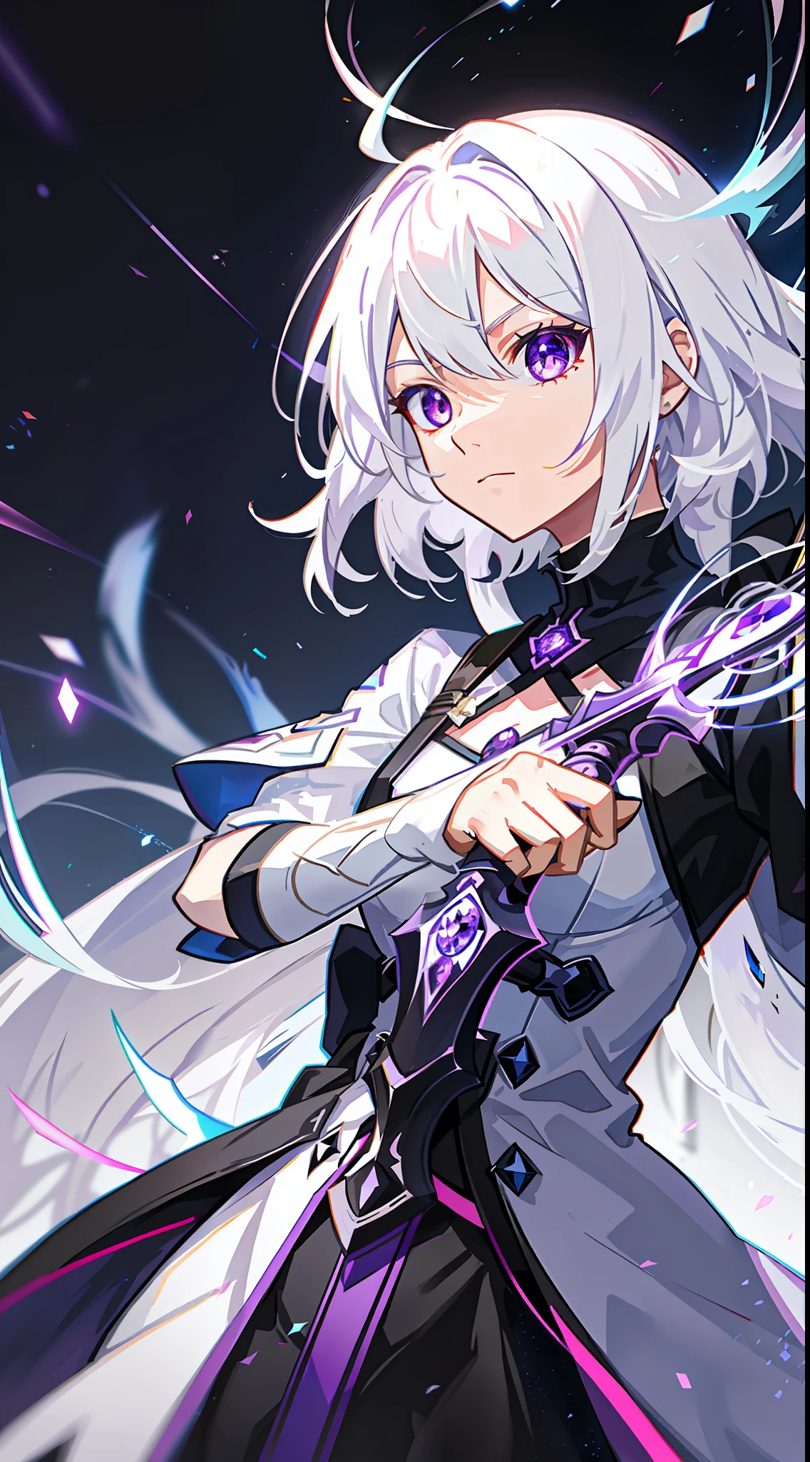 colorful, 1 girl, white hair, purple eyes, double hilt, sword, hand sword, blue flames, brilliance, bright weapon, light particles, wallpaper, chromatic aberration,