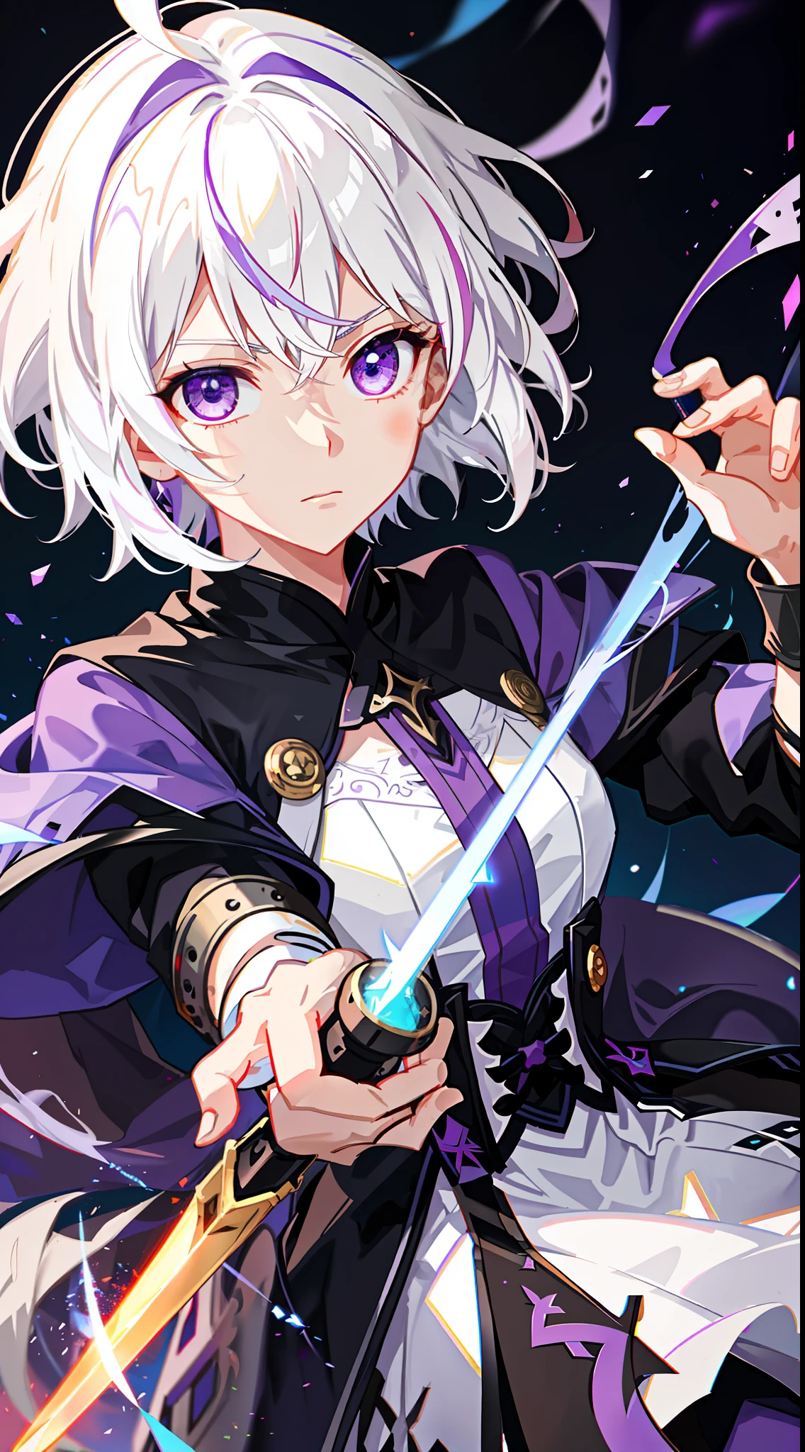 colorful, 1 girl, white hair, purple eyes, double hilt, sword, hand sword, blue flames, brilliance, bright weapon, light particles, wallpaper, chromatic aberration,
