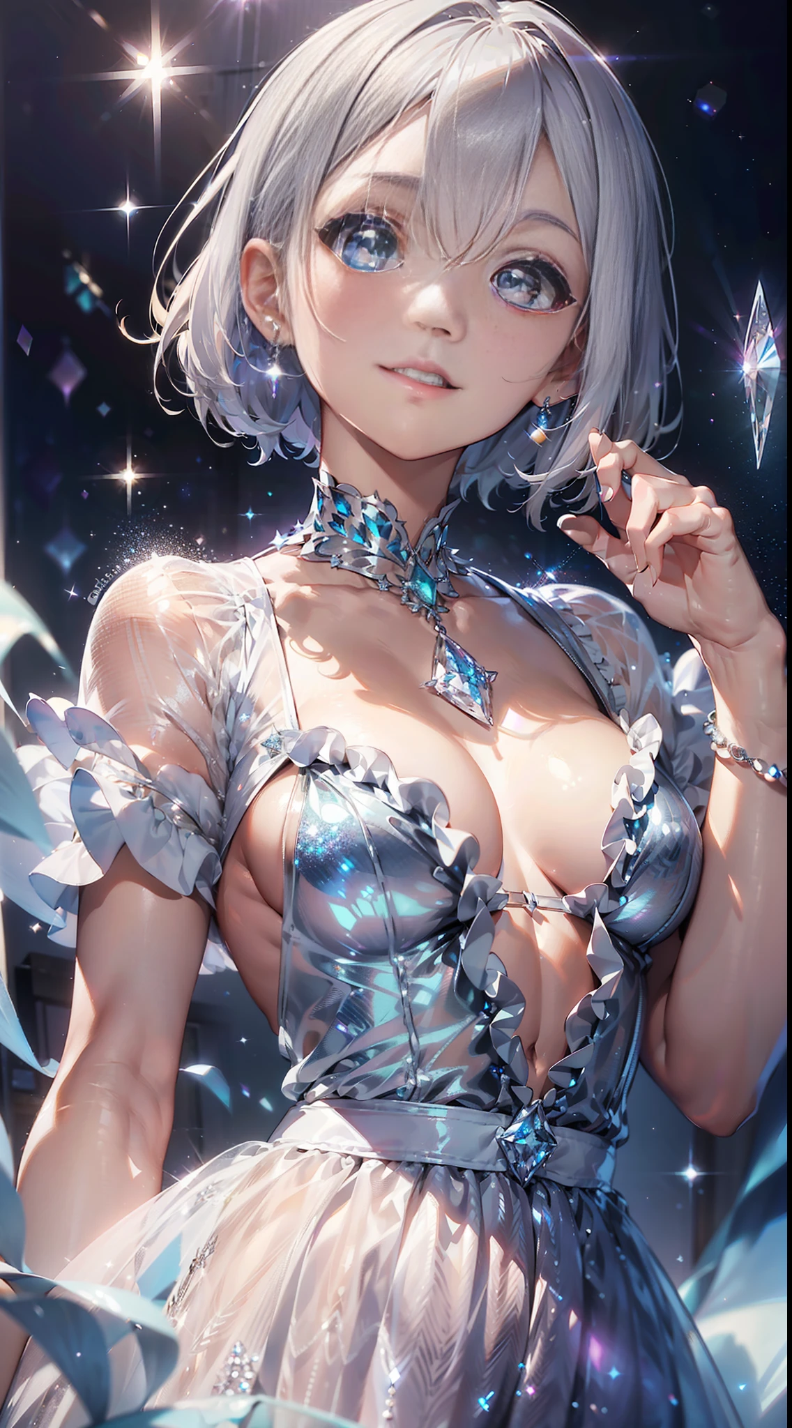 Diamond Gems
(((Masterpiece))). ((Super detail, top quality, high resolution, movie lighting, glitter, lens flare, light particles, glowing tones,))
Upper Body Light Smile
((silver-haired, short hair,), wearing a dress, ruffles
eyeshadow, eyeliner, glowing eyes, beautiful eyes
18-year-old girl. Light, brilliance, glare, glare, glitter, reflection, prism, transparency. Thin material. (Diamond background)