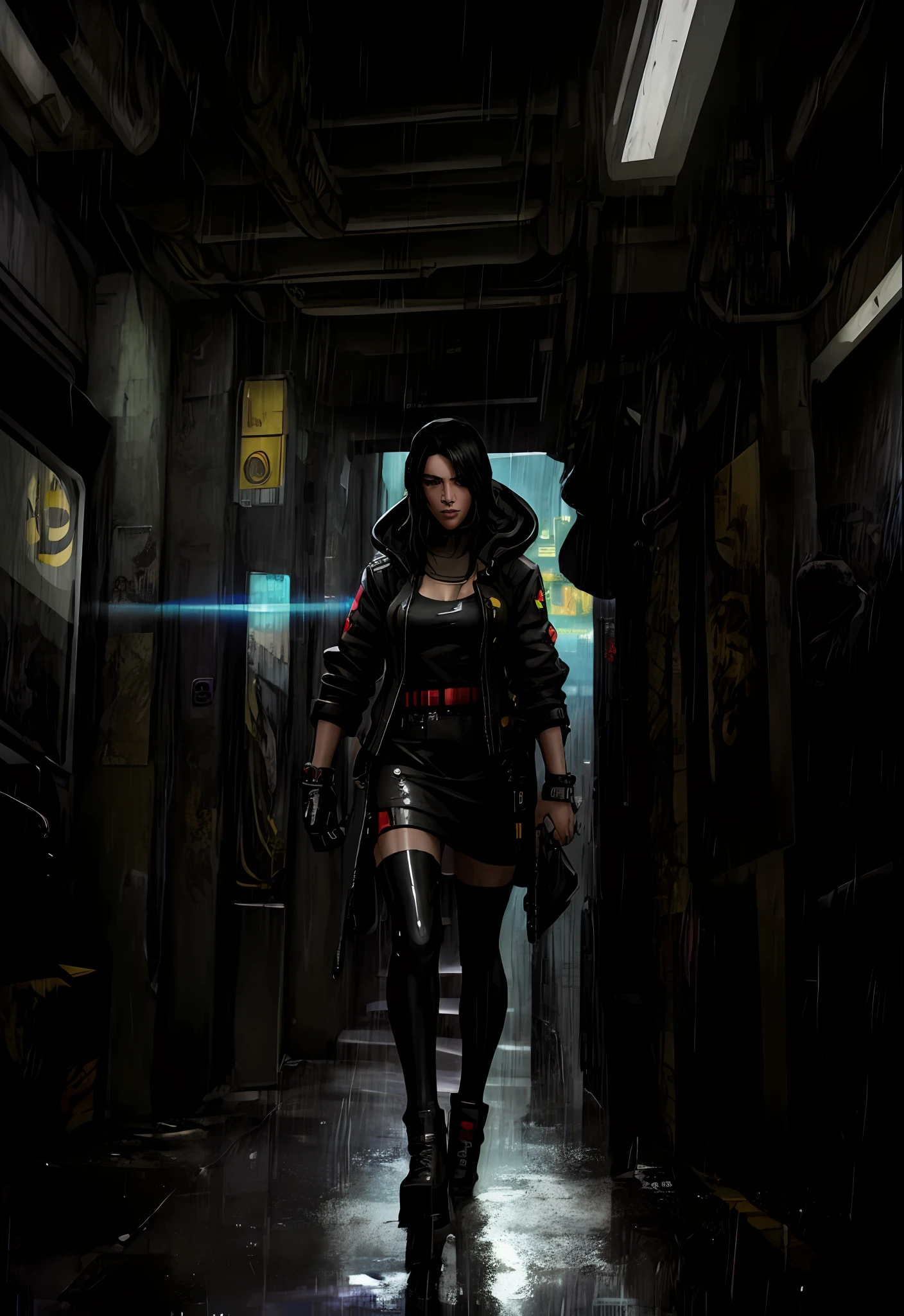 there is a woman standing in the rain in a subway station, in a cyberpunk setting, depicted as a scifi scene, cyberpunk street, futuristic cyberpunk scenario, in cyberpunk city, rainy cyberpunk city, scifi cyberpunk, cyberpunk alley, cyberpunk themed art, in a cyberpunk city, anime cyberpunk art, more and more cyberpunk, hyper-realistic cyberpunk style