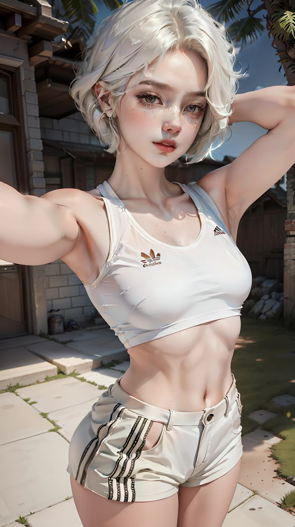 A woman (solo), with brown eye, short white hair, with the face of an 18-year-old girl, making a mischievous slur, curved body, (intricate details), short shirt (ADIDAS: 2.0), neckline, short shorts, (small breasts: 1.0), (big ass: 2.0), taking a selfie, doing a provocative pose, (background of a yard), (camera view).