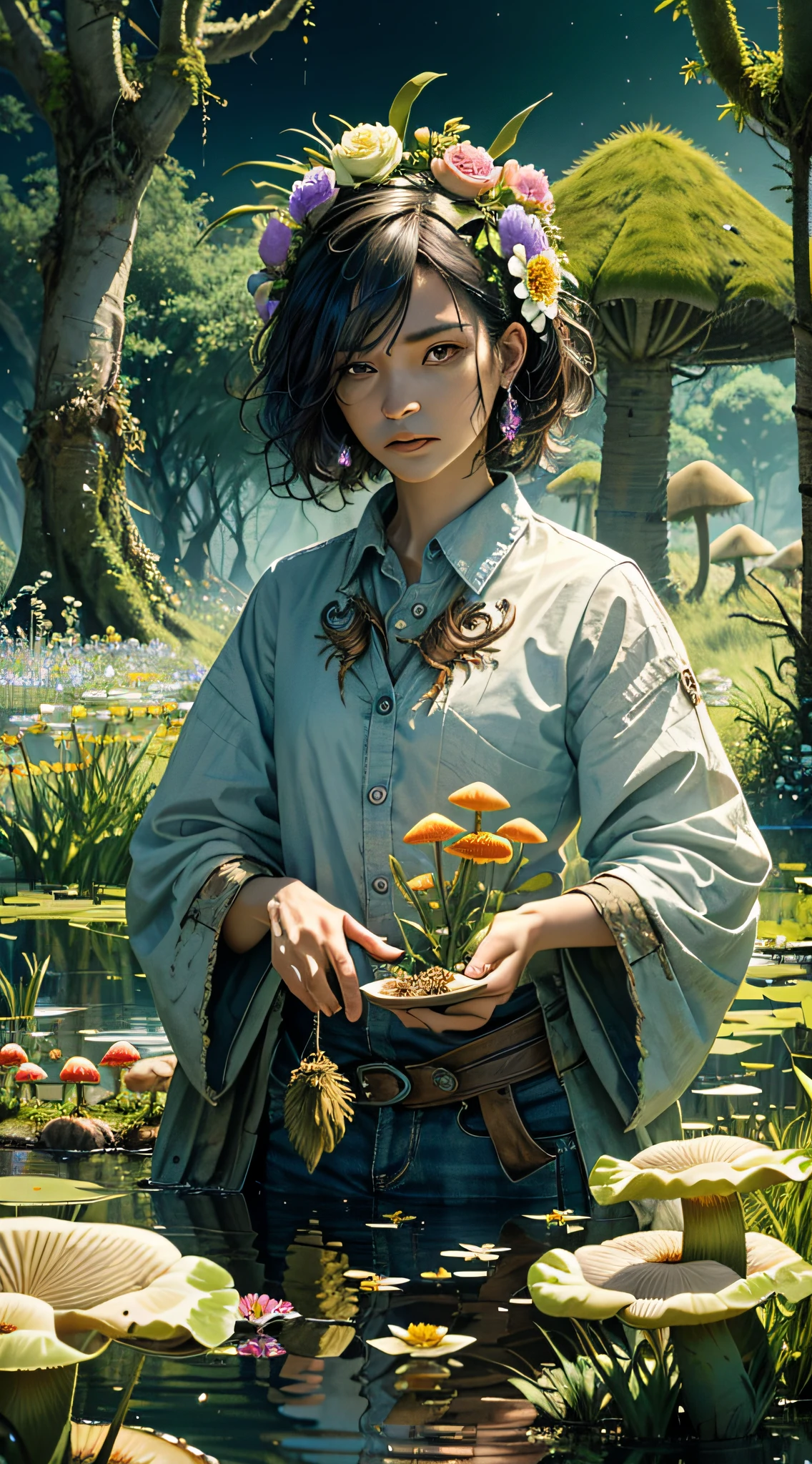 1humanoid), character focus, (a circular natural pond), (detailed flowers in foreground), mushrooms in the background, detailed, abusrdres, 8k, desert, , detailed eyes, angry expression, zerg, spiky hair, predator, purple skin, detailed eyes, detailed wings, dripping, green pustules, fungi, infection, (brain exposed), Crab: 1.4)