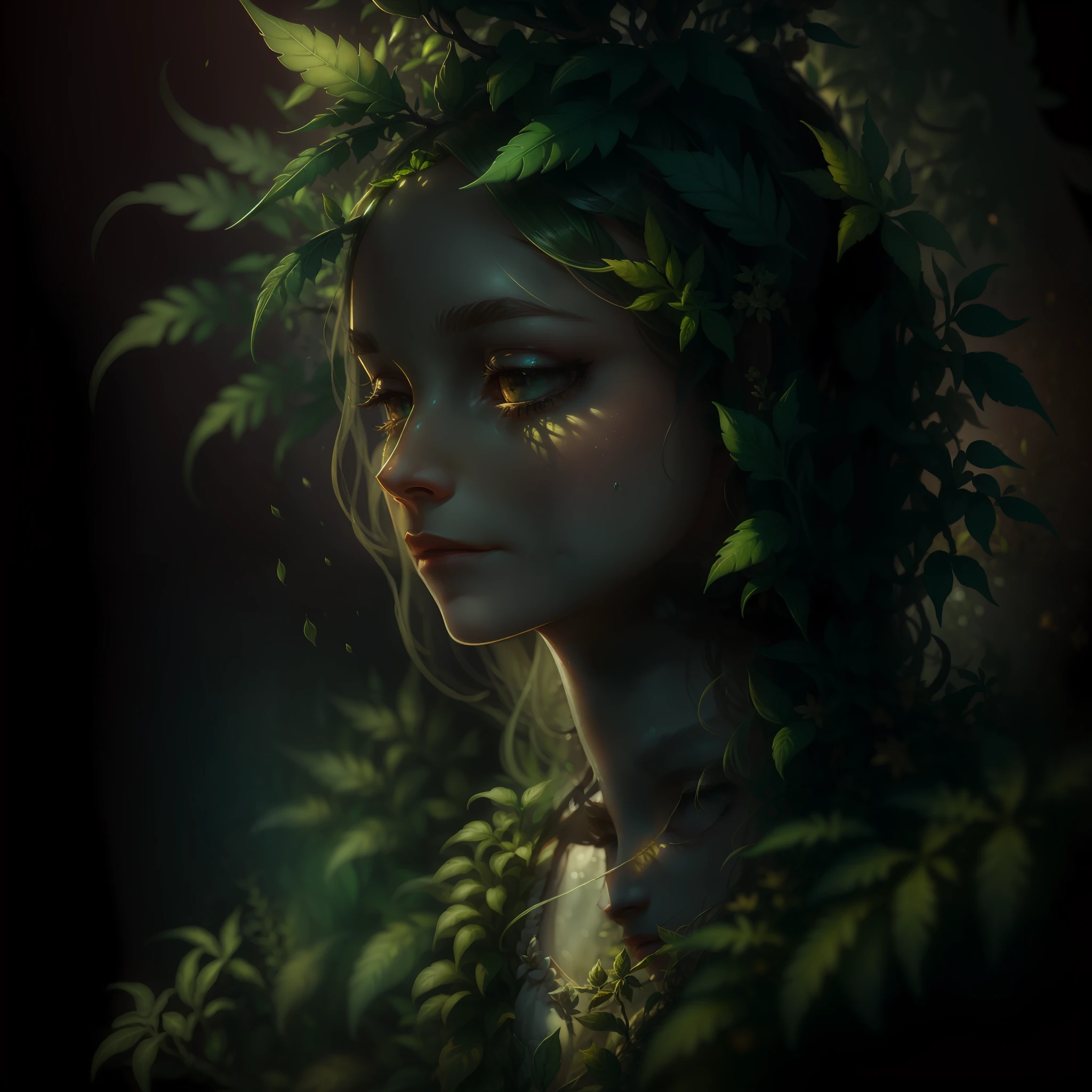 "Create a photorealistic image of an exquisite masterpiece portrait featuring a stunning cannabis dryad. The image should be bordered with flowing cannabis leaves. The dryad should be portrayed as a captivating and ethereal being, blending seamlessly with the beauty of nature. Her features should be delicate and alluring, with eyes that exude a sense of enchantment. The dryad's  cannabis leaf hair should flow gracefully, adorned with intertwined cannabis leaves and flowers. The portrait should capture the intricate details of the dryad's face, emphasizing her unique beauty and the symbiotic relationship between her and the cannabis plant. The background can be minimalistic, with soft shading or negative space, allowing the dryad to take center stage. Render the image as a high-resolution digital illustration, resembling a professional photograph. The lighting should accentuate the subtle nuances of the dryad's features, evoking a sense of realism and depth. Capture the portrait from a close-up perspective, allowing viewers to appreciate the mesmerizing details and the stunning beauty of the cannabis dryad."

Realism, Digital Illustration, Portrait
Art Station, Behance. Closeup High-resolution digital illustration, realistic lighting, detailed facial features