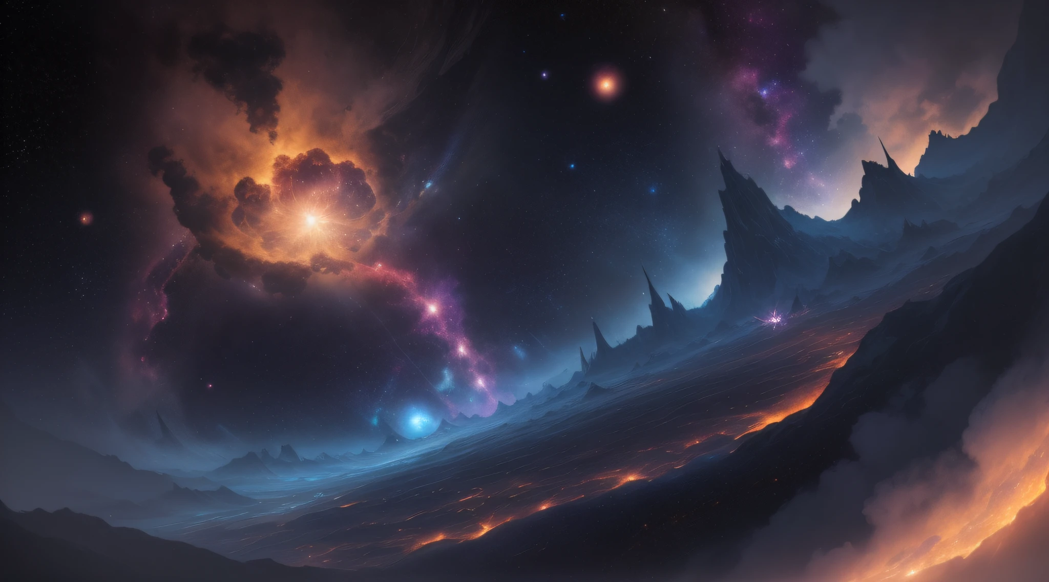 Design an awe-inspiring space-themed wallpaper that ventures beyond the boundaries of our known universe. Imagine a cosmic vista that showcases the grandeur and mystery of the cosmos. Picture a vast expanse of stars, galaxies, and nebulae stretching endlessly into the distance. Use a rich, deep color palette to convey the vastness and darkness of space, with vibrant bursts of celestial colors to depict distant nebulae and galaxies. Place a brilliant, colossal supernova as the focal point, radiating intense light and energy, creating a mesmerizing spectacle of celestial fireworks. Surround the supernova with orbiting planets, each unique and full of character, adorned with breathtaking rings or breathtaking landscapes. Consider incorporating a massive, intricately designed space station, bustling with activity and advanced technology, as a testament to humanity's exploration of the cosmos. Add ethereal, otherworldly creatures or space-faring vessels to spark the viewer's imagination about extraterrestrial life and travel. Allow the stars to twinkle gently, creating a sense of serenity and harmony amidst the vastness of space. Let your creativity soar as you craft a wallpaper that beckons viewers to explore the wonders of the universe and ignites a sense of curiosity about the mysteries that lie beyond our own planet.