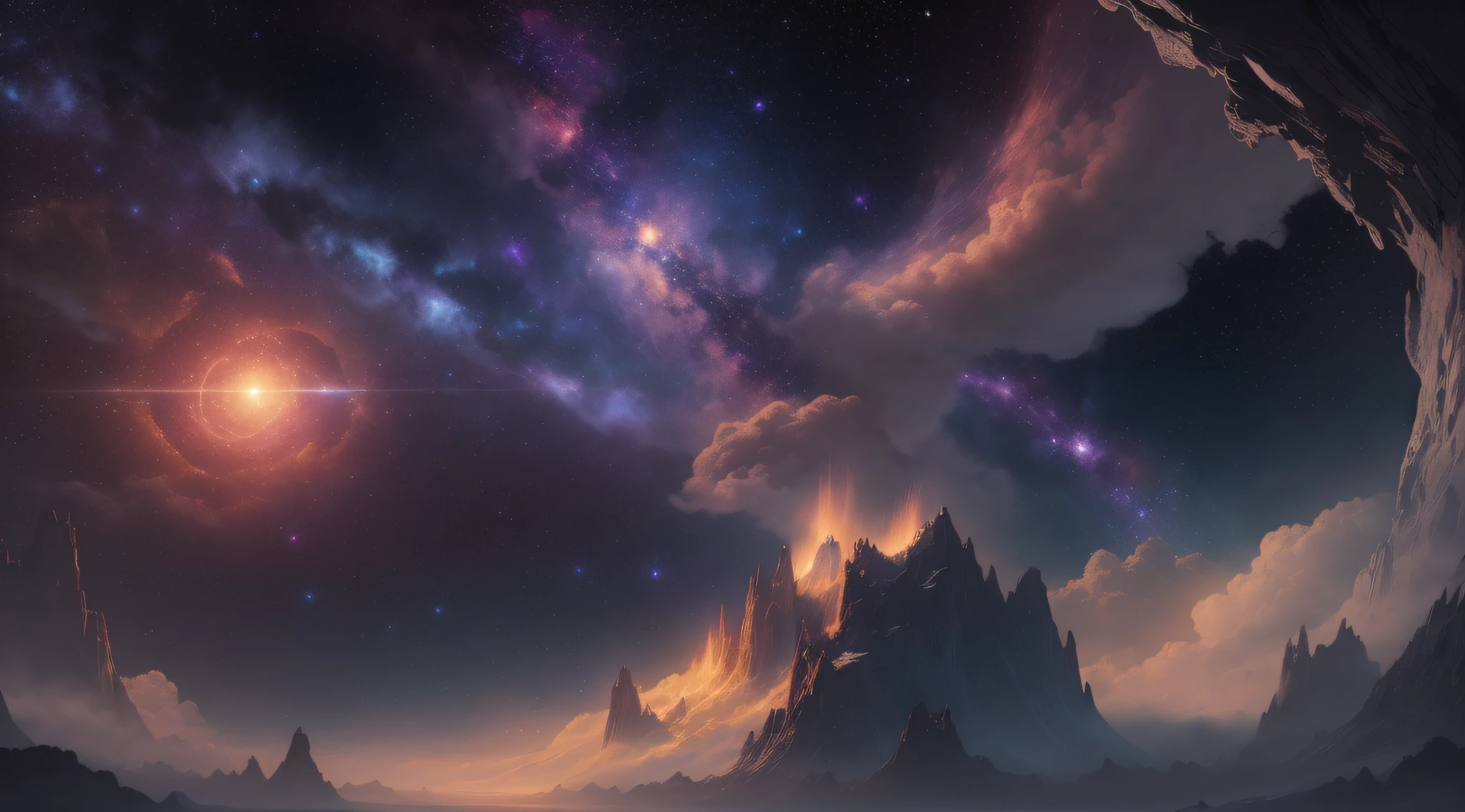 Design an awe-inspiring space-themed wallpaper that ventures beyond the boundaries of our known universe. Imagine a cosmic vista that showcases the grandeur and mystery of the cosmos. Picture a vast expanse of stars, galaxies, and nebulae stretching endlessly into the distance. Use a rich, deep color palette to convey the vastness and darkness of space, with vibrant bursts of celestial colors to depict distant nebulae and galaxies. Place a brilliant, colossal supernova as the focal point, radiating intense light and energy, creating a mesmerizing spectacle of celestial fireworks. Surround the supernova with orbiting planets, each unique and full of character, adorned with breathtaking rings or breathtaking landscapes. Consider incorporating a massive, intricately designed space station, bustling with activity and advanced technology, as a testament to humanity's exploration of the cosmos. Add ethereal, otherworldly creatures or space-faring vessels to spark the viewer's imagination about extraterrestrial life and travel. Allow the stars to twinkle gently, creating a sense of serenity and harmony amidst the vastness of space. Let your creativity soar as you craft a wallpaper that beckons viewers to explore the wonders of the universe and ignites a sense of curiosity about the mysteries that lie beyond our own planet.