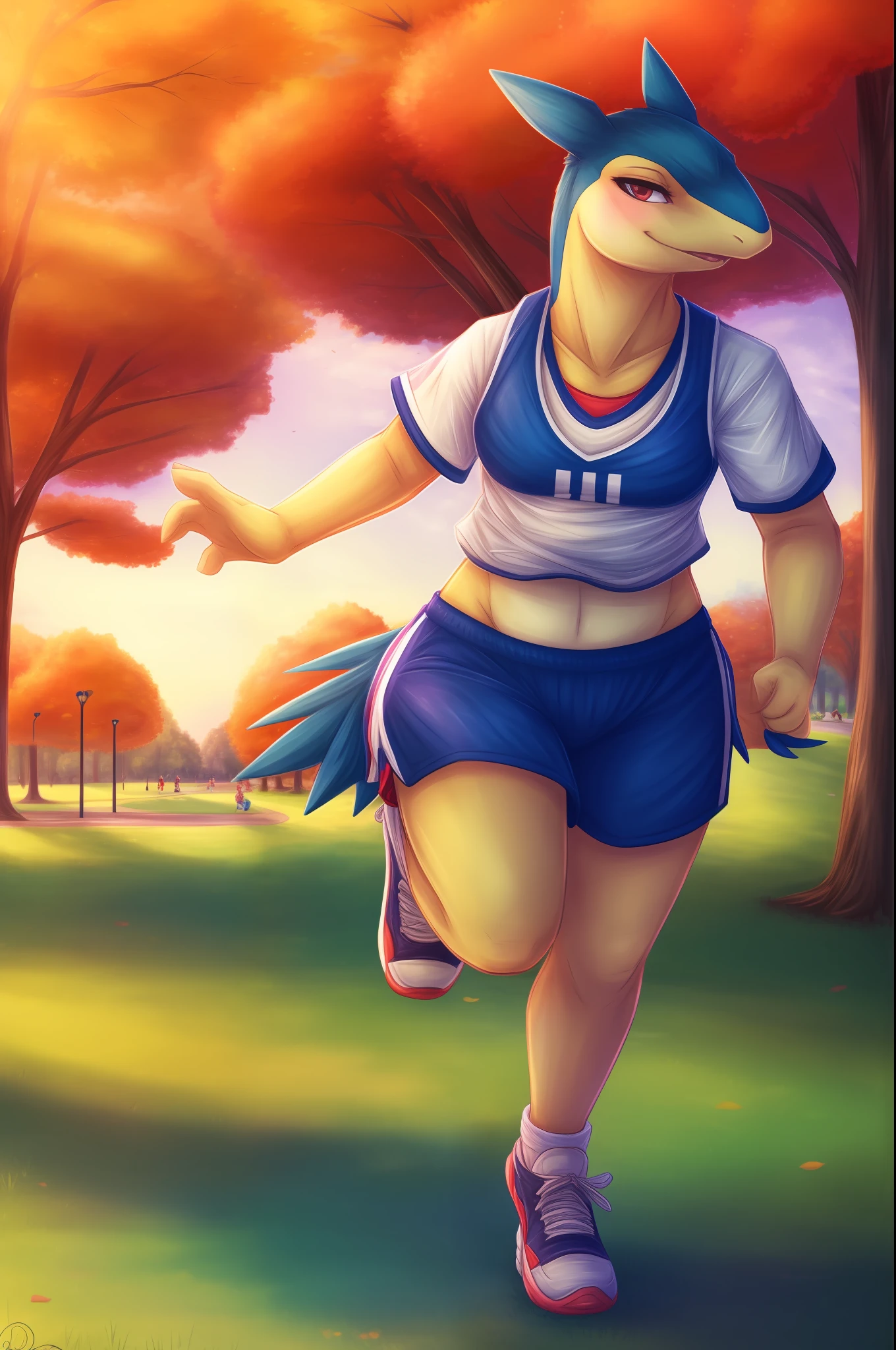 Typhlosion (pokemon),pokemon (company) pokemon,masterpiece,best quality, master quality, dimwitdog art style, beautiful lighting, park, day, public, sportswear,dynamic pose,1woman,park with lake,