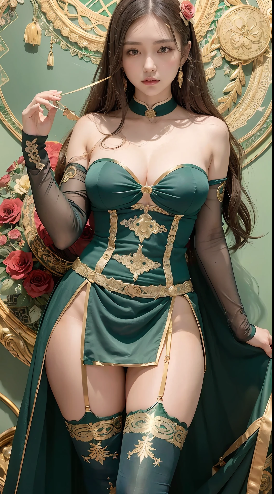 A gentle beautiful cute big sister, (masterpiece, top quality, best quality, official art, beauty and aesthetics: 1.2), (1girl), extremely detailed, colorful, highest detailed, official art, unified 8k wallpaper, super detailed, beautiful and aesthetic, beautiful, masterpiece, best quality, (zentangle, red rose scented tights robe sleeve top, emerald green smoke loose skirt, waist tied with gold silk soft smoke into a large bow, sideburns low hanging diagonally jasper phoenix, The body is slender, the demon is gorgeous, and the soul is hooked.