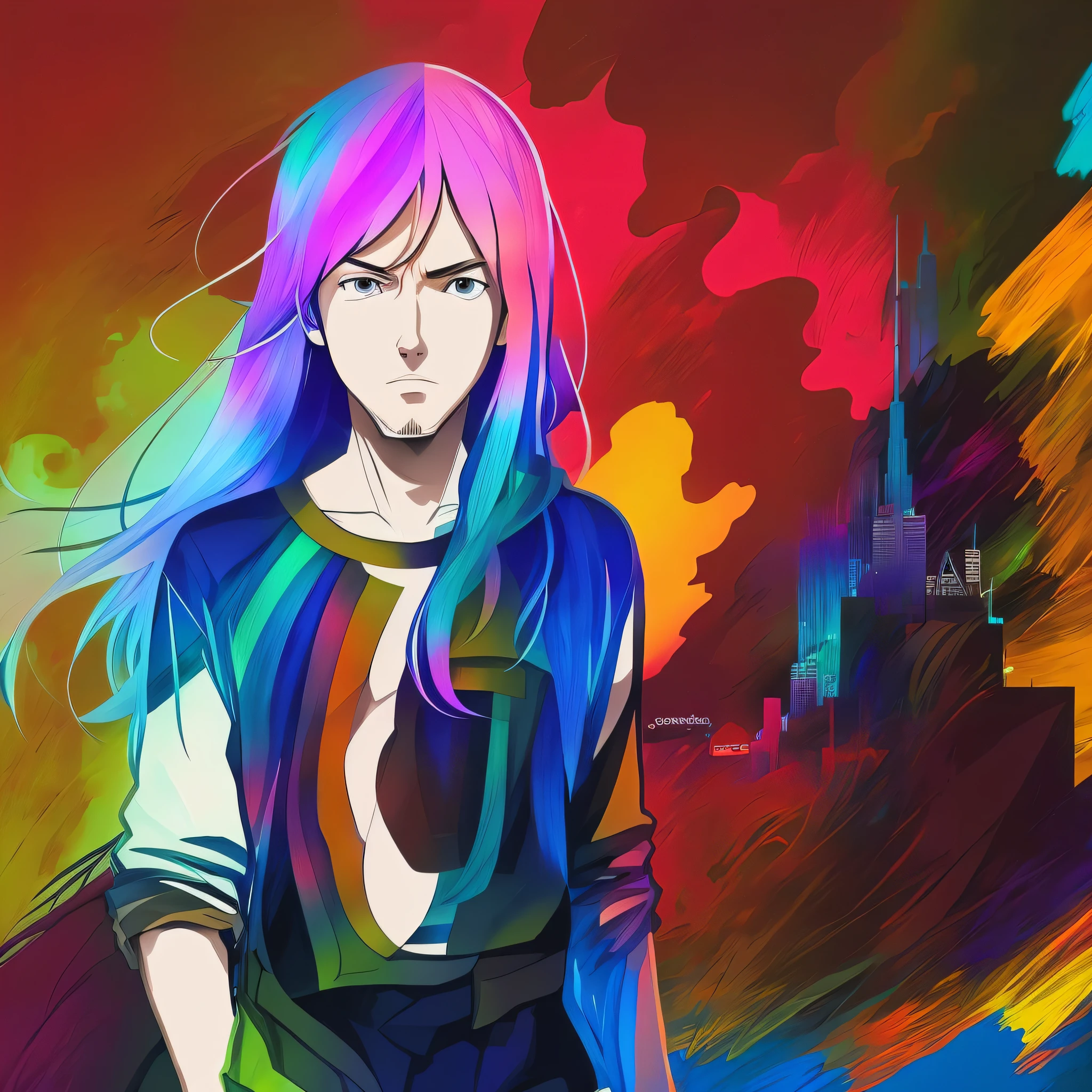 Desenho estilo anime de um homem com cabelo comprido, a paint splash art portrait of a man with rainbowshift hairs and glasses, Something