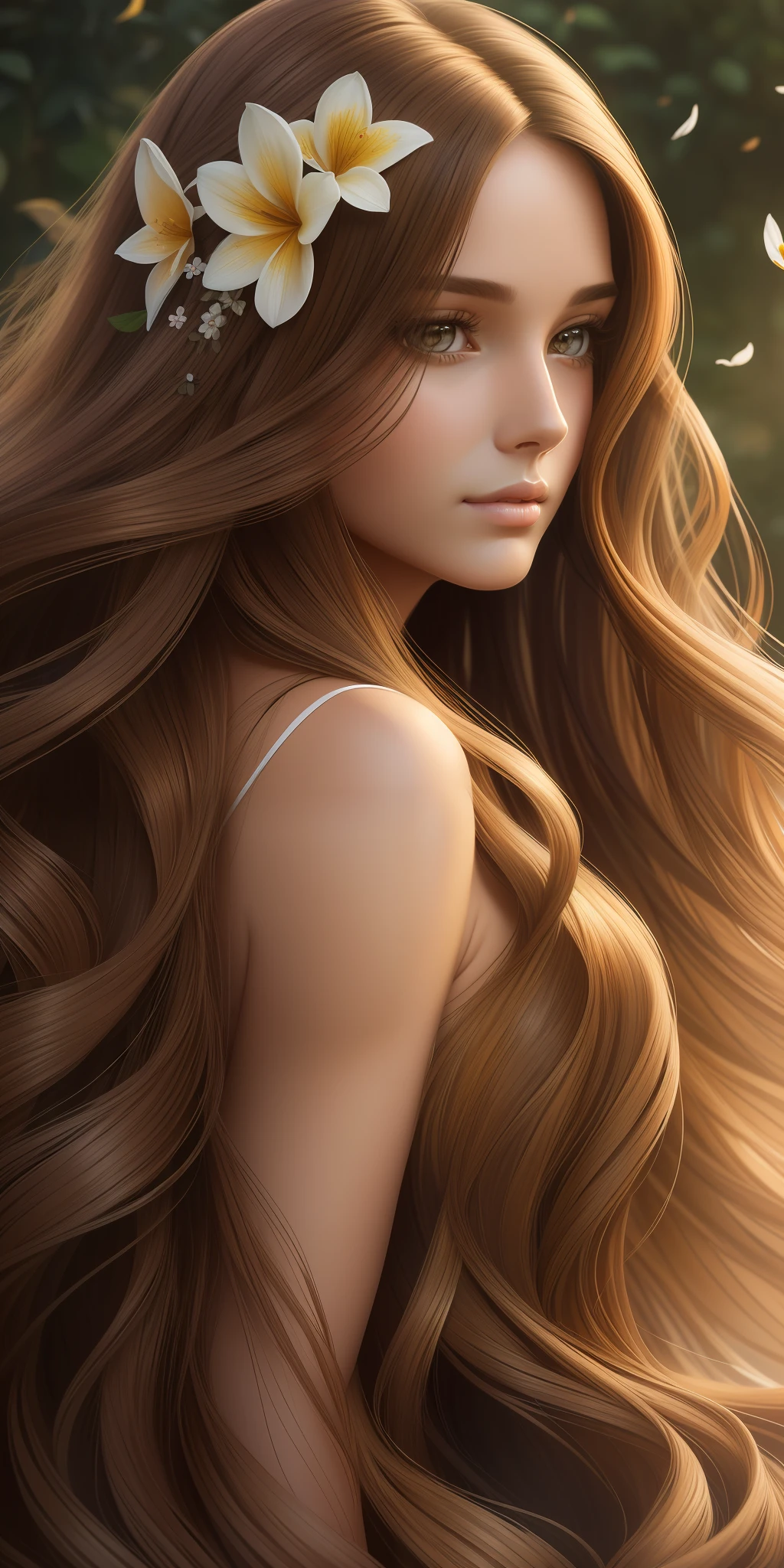 Painting of a woman with long brown hair and a flower in her hair, detailed hazy hair, shiny wlop skin, realistic shaded perfect face, ethereal vaporous tanned skin, shiny flowing hair, long shiny ethereal hair, LBLSCK hair, stylized portrait H 640, realistic shaded perfect face, sensual expression, detailed sensual face, detailed realistic face