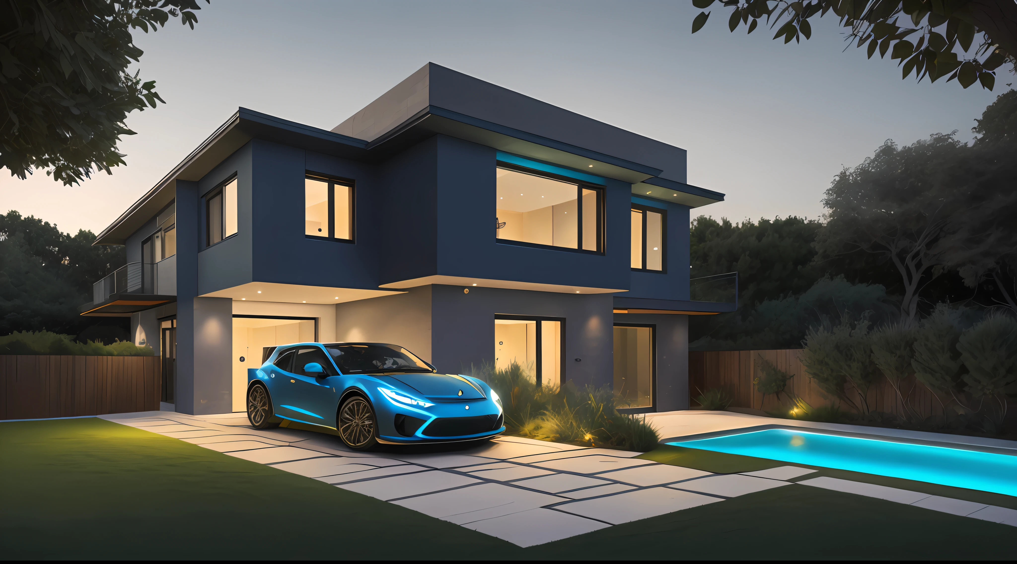 townhouse seen from the front with a side garage, townhouse without walls, stones on the grass that make a trail to the house's entrance, we can see a blue imported car parked next to the pool, the scene is seen at night by a spectator who is on the street that you can see the interior of the house through large glass panels with all environments lit