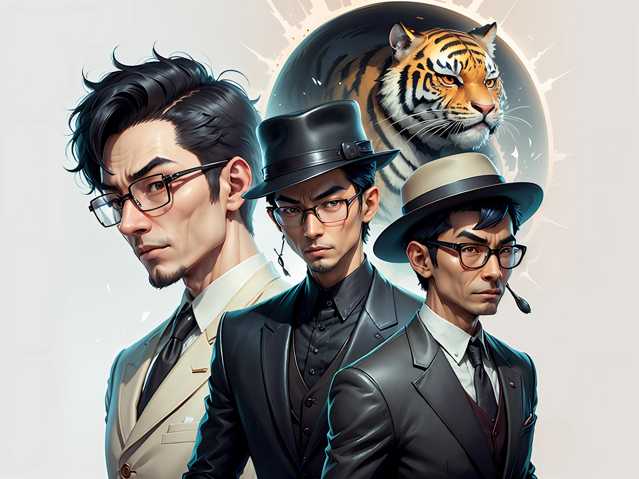 Young man with oriental face in leather hat, tiger, oriental face in formal suit, short black hair, silver glasses, digital painting, 3D character design by Mark Clairedon and Pixar and Hayao Miyazaki and Akira Toriyama, the illustration is a high-definition illustration in 4K resolution with very detailed facial features and cartoon-style visuals.