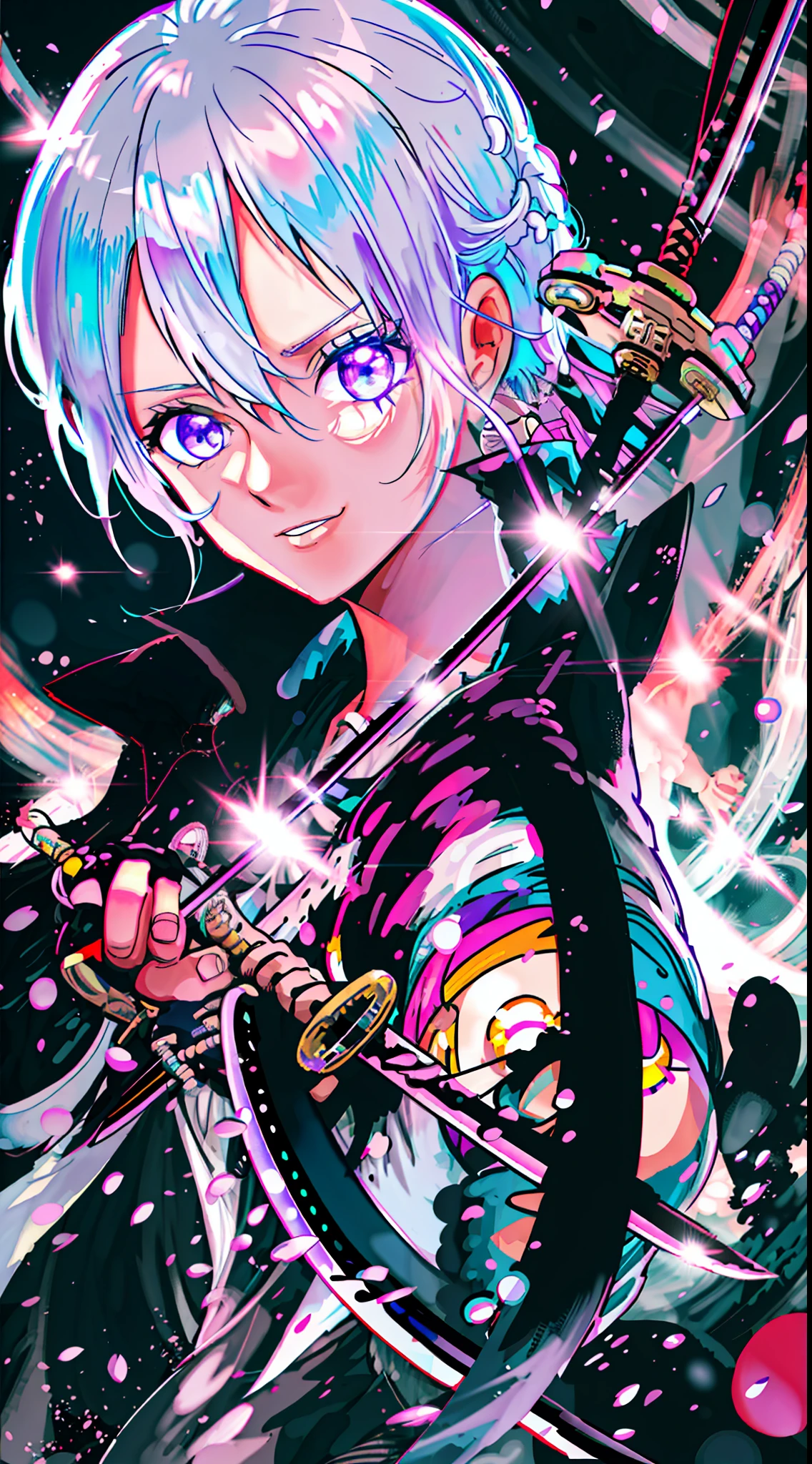 colorful, 1 girl, white hair, purple eyes, double hilt, sword, hand sword, blue flames, brilliance, bright weapon, light particles, wallpaper, chromatic aberration,