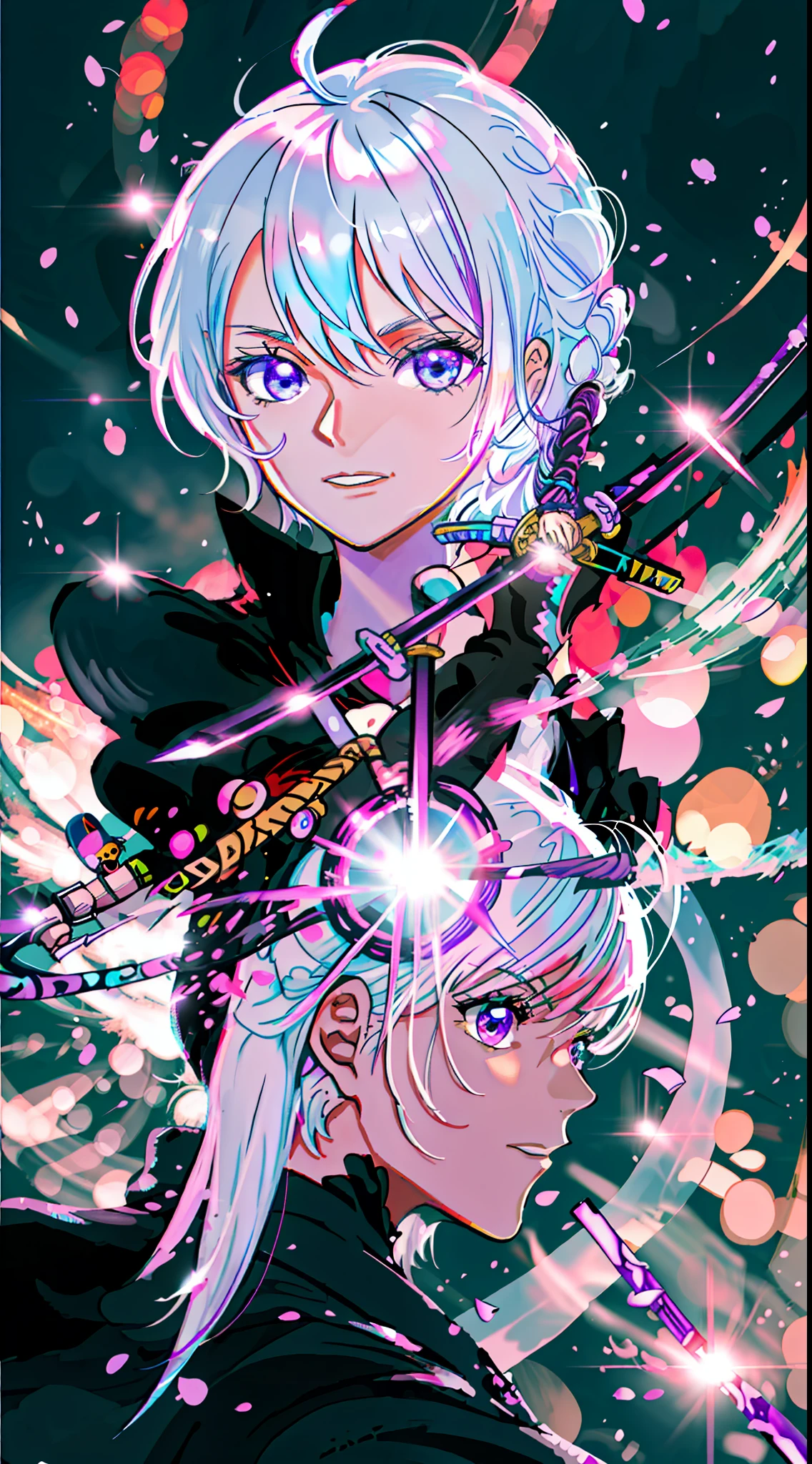 colorful, 1 girl, white hair, purple eyes, double hilt, sword, hand sword, blue flames, brilliance, bright weapon, light particles, wallpaper, chromatic aberration,