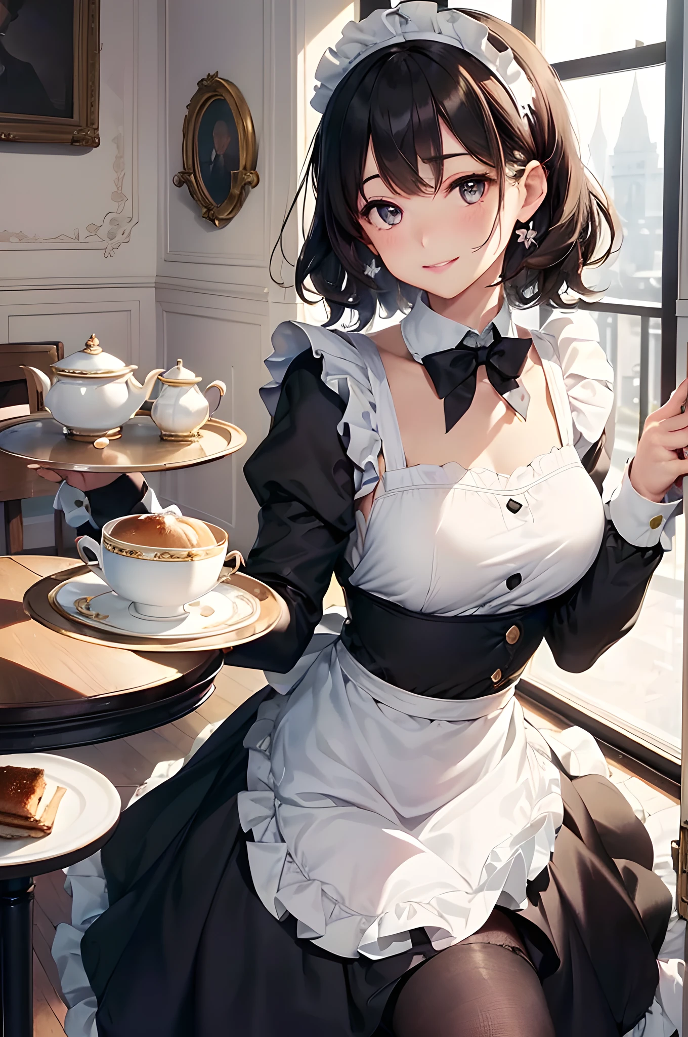 (masterpiece), (portrait), (aesthetic), (beautiful), (upper blody), (high quality), (aesthetic clothings), (professional angle), (rule of thirds), (Feminine), (woman), (female), (beautiful),(feminine features), (25 years), solo, 1 woman, (attractive Japanese), Summer, Soft light, ((Serving a Cup of Tea)), (Elegant), Natural Makeup, (Average bust), ((Tray with Tea Cups)), (Front face), (Pleasantly Smiling expression), ((Polite and Welcoming)), (Headband and Ribbon and Bow Tie and Lace Gloves), ((Medium hair)), (Black hair), (Wavy hair), (Thick hair), Lustrous shine hair, (Hairpin and Bow Tie in Hair in hair), (Brown eyes), (Friendly and Graceful look), (Fair skin), (Soft Colors clothing), (Maid Dress), (Apron), (Frilly Skirt or Dress), Peter Pan Collar neckline), ((Café Interior background)), (Medium Shot Shot), beautiful hands, two hands, normal hands, two arms, complete hands, beautiful body, beautiful fingers, normal fingers, five fingers, five fingers, (Thumb index meddle ring little fingers), beautiful ears, normal ears, beautiful eyes, shiny eyes, beautiful mouth, beautiful lips,