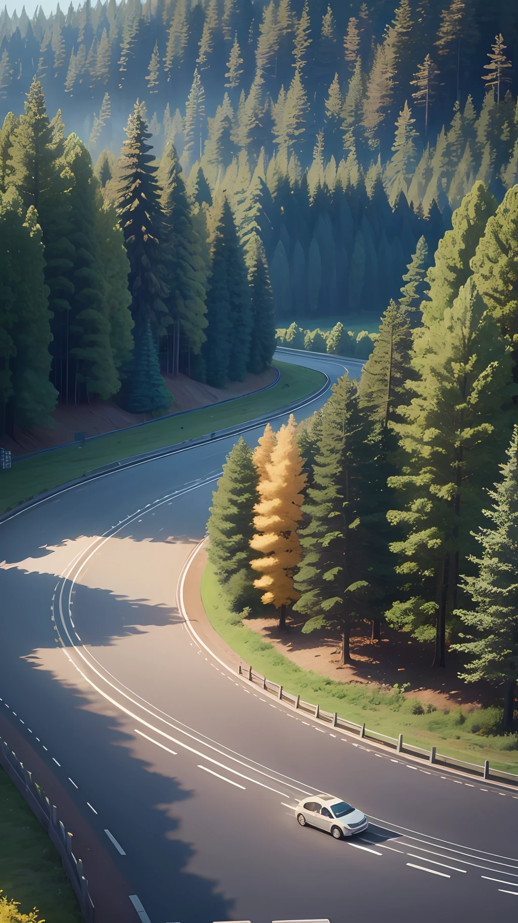 Develop a realistic 8k image of a winding road surrounded by trees --auto --s2
