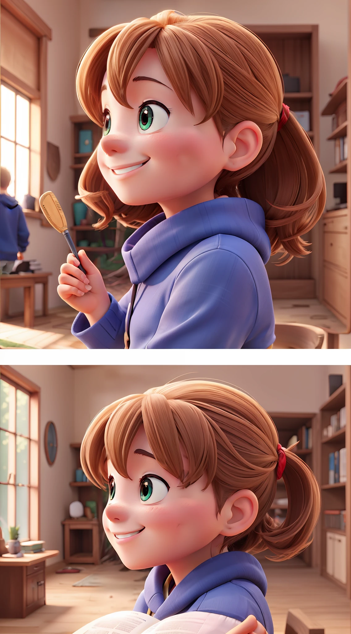 Running in the woods, smiling, anime background