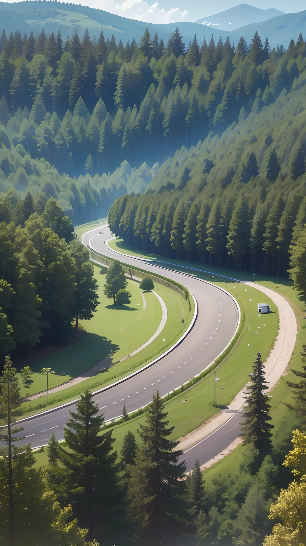 Develop a realistic 8k image of a winding road surrounded by trees --auto --s2