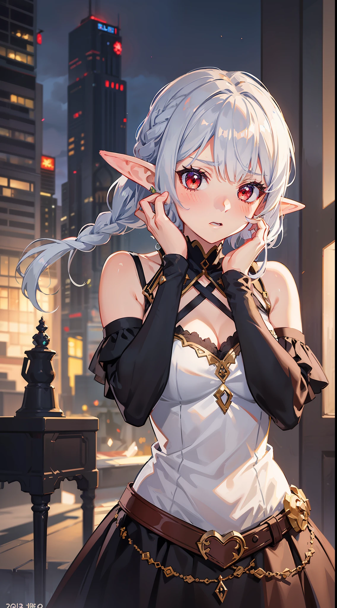 1 Girl Full Body, Elf, Silver Hair, Red Eyes, Bob Cut, Braid, Fantasy Style Costume, Facing Front, (Putting Both Hands on Their Face), (Surprised), (Blushing), Concept Art, Beautiful Anime Scene, Beautiful Anime Scenery, Top Rated on pixiv, Top Quality, 4K