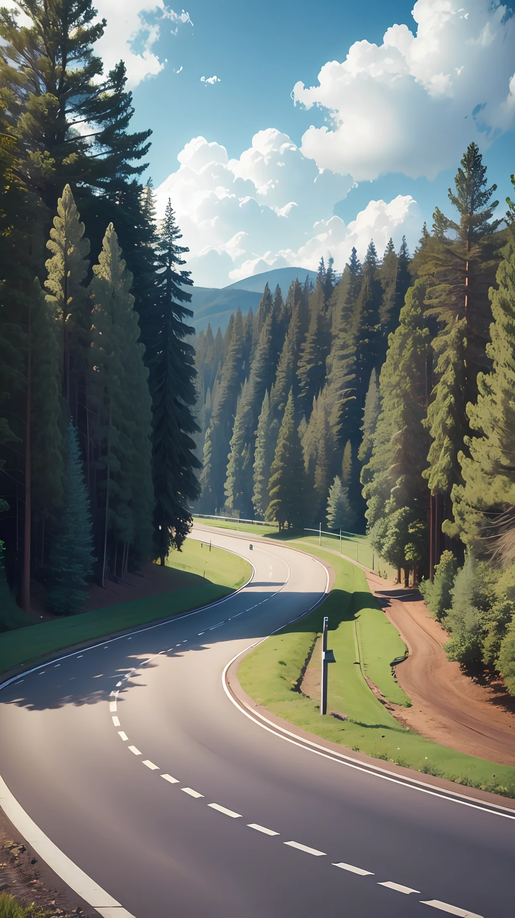 Develop a realistic 8k image of a winding road surrounded by trees --auto --s2