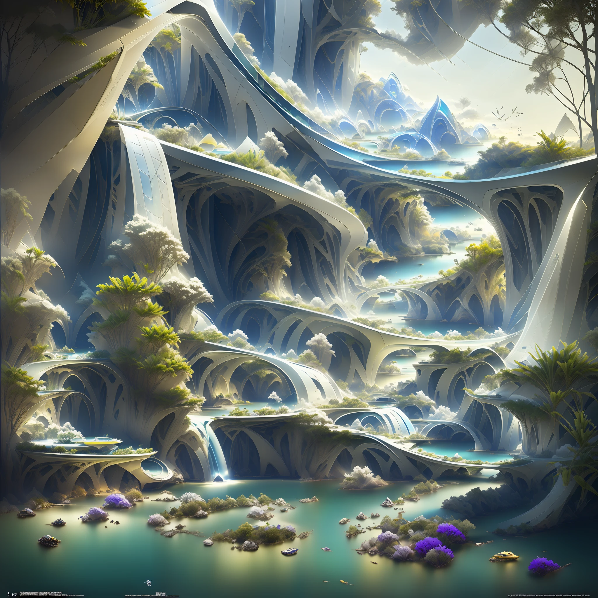 Airbrush drawing --v 5.1 style Futuristic design of an awesome sunny day environment concept art on a futuristic terrain with huge waterfalls,streams, mangroves,nature architecture, proportional,detailed,bright clouds, nature meets futuristic architecture by Santiago Calatrava and Vincent Callebaut with futuristic development, high rise made up staircases, balconies, full of composite glass facades, residential spaces carved from cliff side ,trending on artstation, beautiful lighting,In the style , fantasy, intricate, award winning, 4k, highest quality