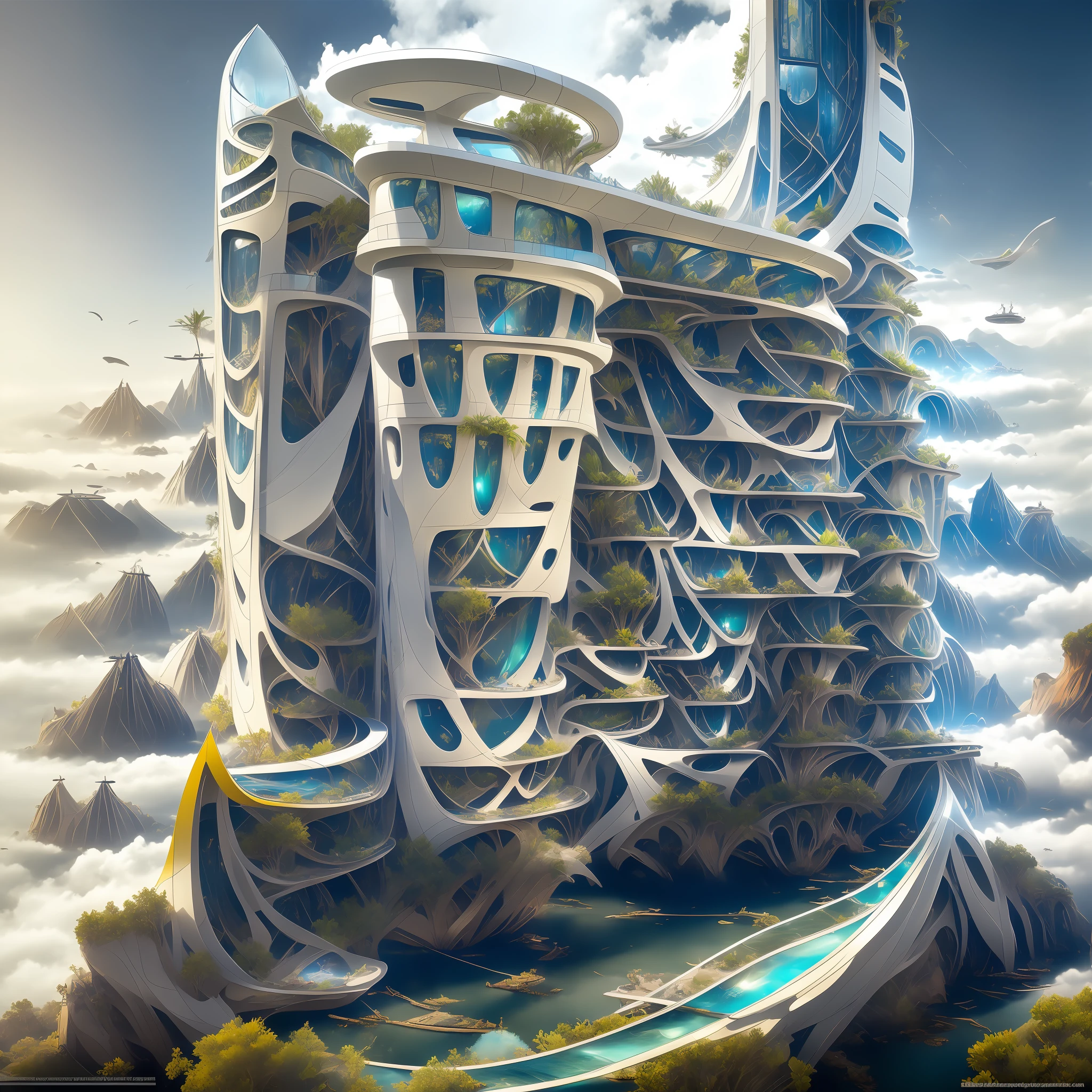 Airbrush drawing --v 5.1 style Futuristic design of an awesome sunny day environment concept art on a futuristic terrain with huge waterfalls,streams, mangroves,nature architecture, proportional,detailed,bright clouds, nature meets futuristic architecture by Santiago Calatrava and Vincent Callebaut with futuristic development, high rise made up staircases, balconies, full of composite glass facades, residential spaces carved from cliff side ,trending on artstation, beautiful lighting,In the style , fantasy, intricate, award winning, 4k, highest quality