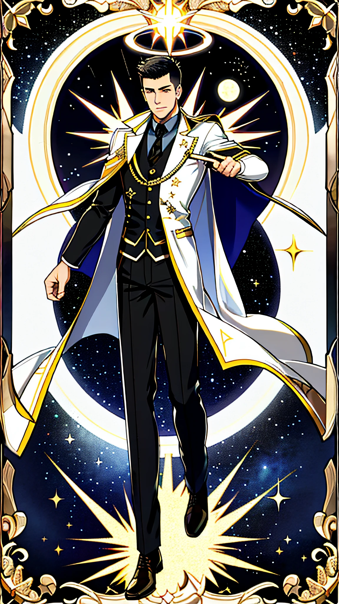masterpiece, best quality, full body, card, 1 man, eclipse, space, galaxy, short hair, black hair, brush cut, standing, black and white, sun, moon, white, buzz cut, bara, muscle, god, divine, cape, halo, center, best pose, etherious, crystal,man, power, magic, hand using magic, golden, royal