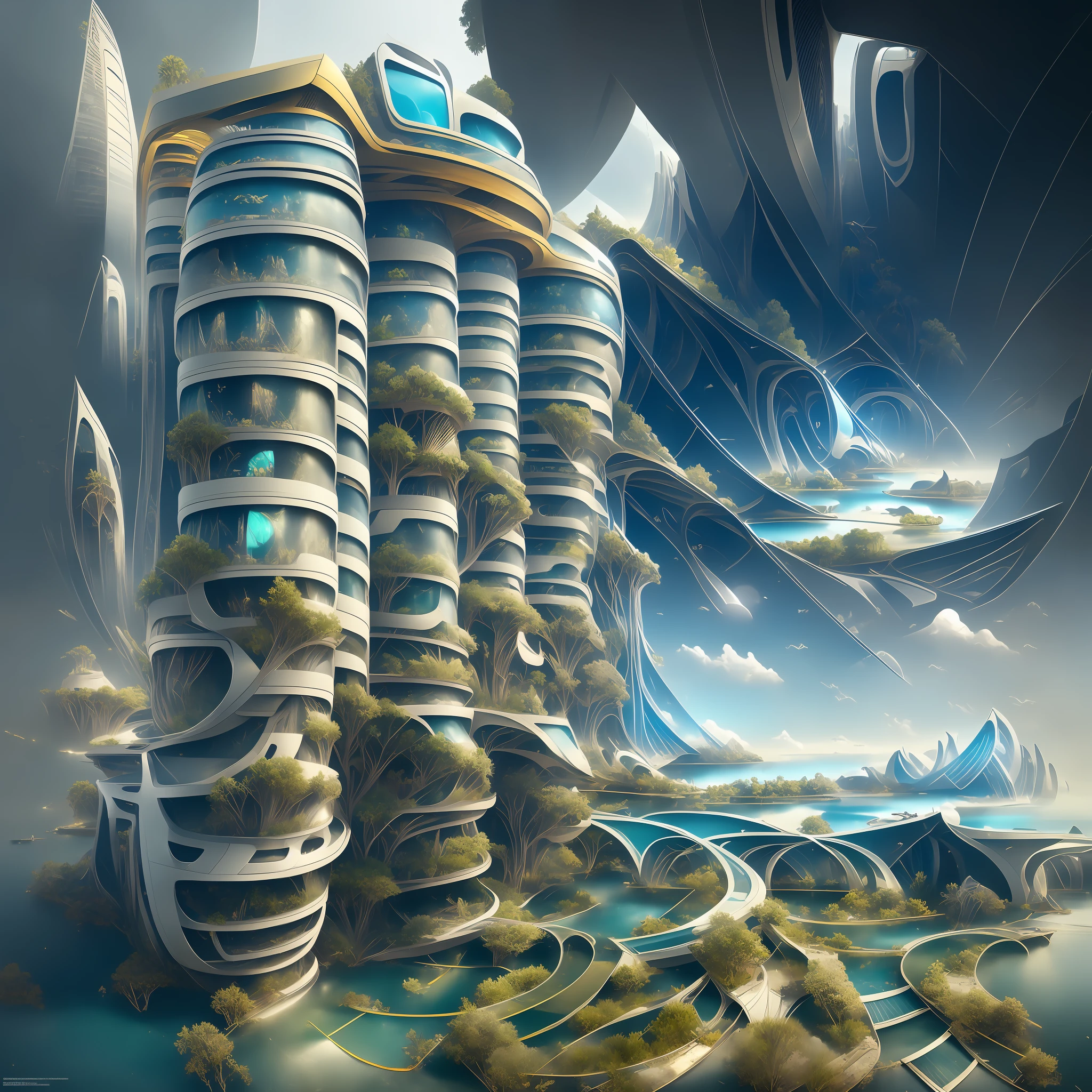 Airbrush drawing --v 5.1 style Futuristic design of an awesome sunny day environment concept art on a futuristic terrain with huge waterfalls,streams, mangroves,nature architecture, proportional,detailed,bright clouds, nature meets futuristic architecture by Santiago Calatrava and Vincent Callebaut with futuristic development, high rise made up staircases, balconies, full of composite glass facades, residential spaces carved from cliff side ,trending on artstation, beautiful lighting,In the style , fantasy, intricate, award winning, 4k, highest quality