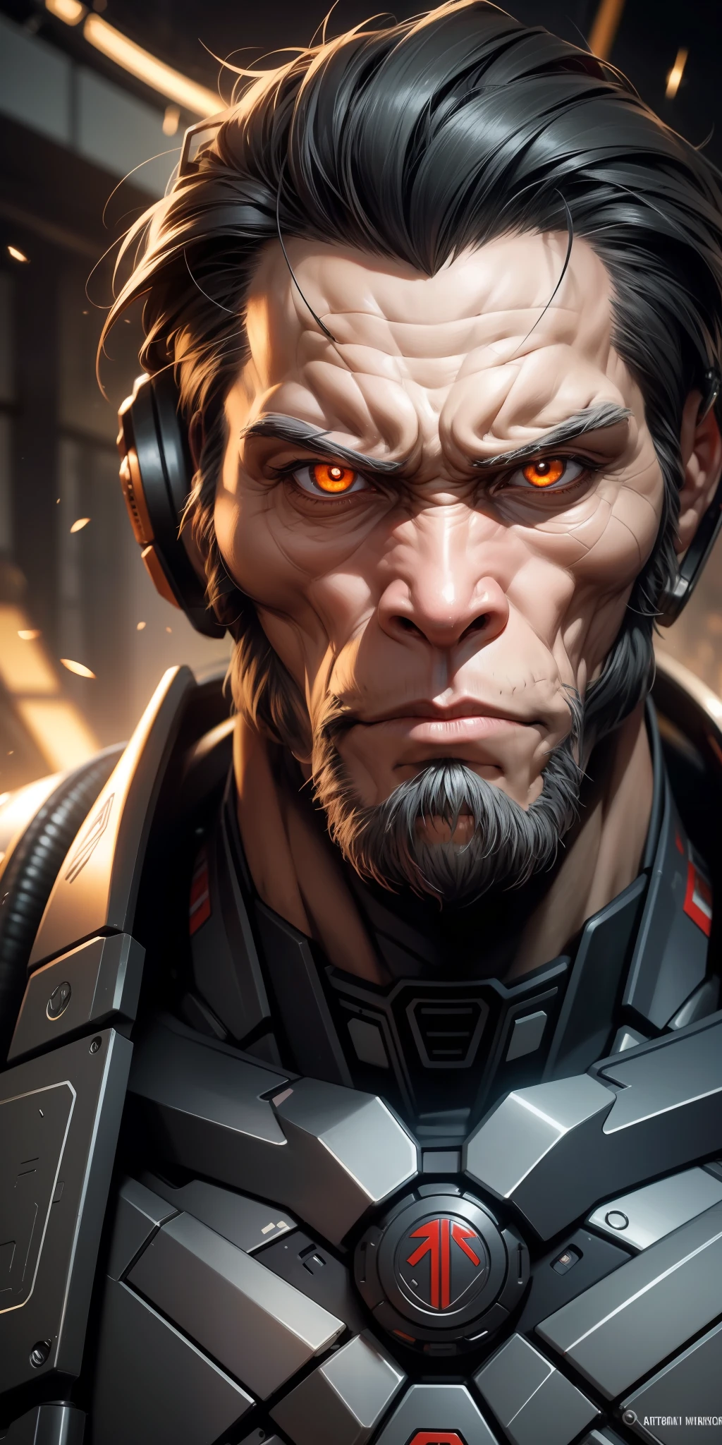 A man with an impressive monkey head emerges from the chaos of a dystopian future. Wearing advanced cybernetic armor, he represents the evolution of the human species. His imposing and powerful presence is intensified by the contrast between his primal appearance and the technological elements that surround him. The image is a high-quality, detailed and realistic representation that captures the essence of this new form of life. --auto --s2