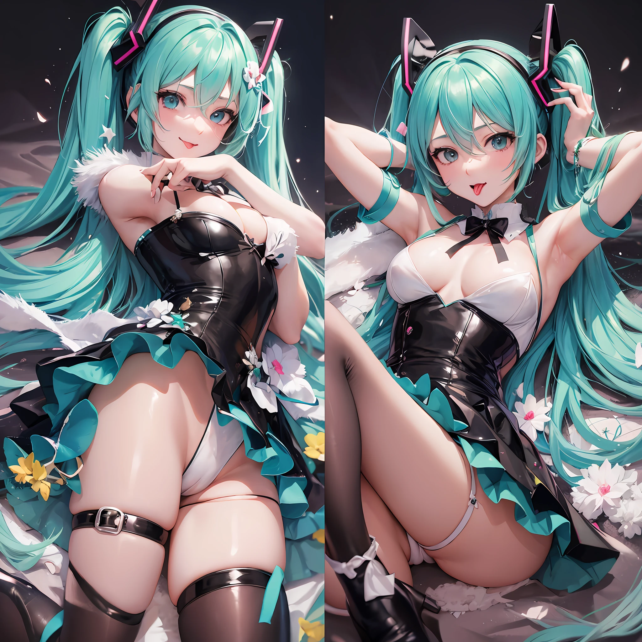 Anime character Hatsune Miku, detailed face, detailed body, detailed legs, hip skirt cinematic angle, shiny stockings, tongue sticking, sexy, seductive, body stained with white milk, face rosy --auto --s2
