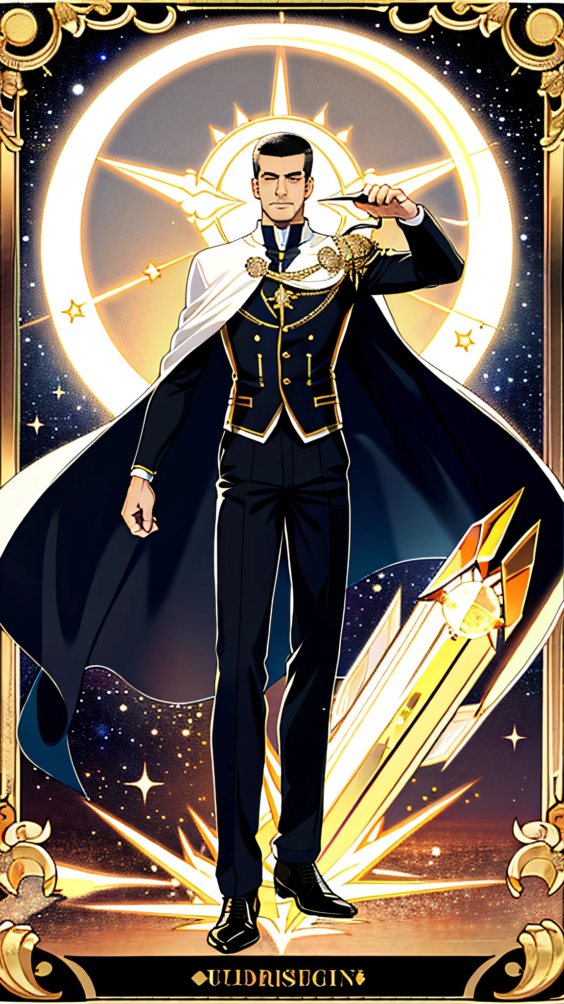 masterpiece, best quality, full body, card, 1 man, eclipse, space, galaxy, short hair, black hair, brush cut, standing, black and white, sun, moon, white, buzz cut, bara, muscle, god, divine, cape, halo, center, best pose, etherious, crystal,man, power, magic, hand using magic, golden, royal