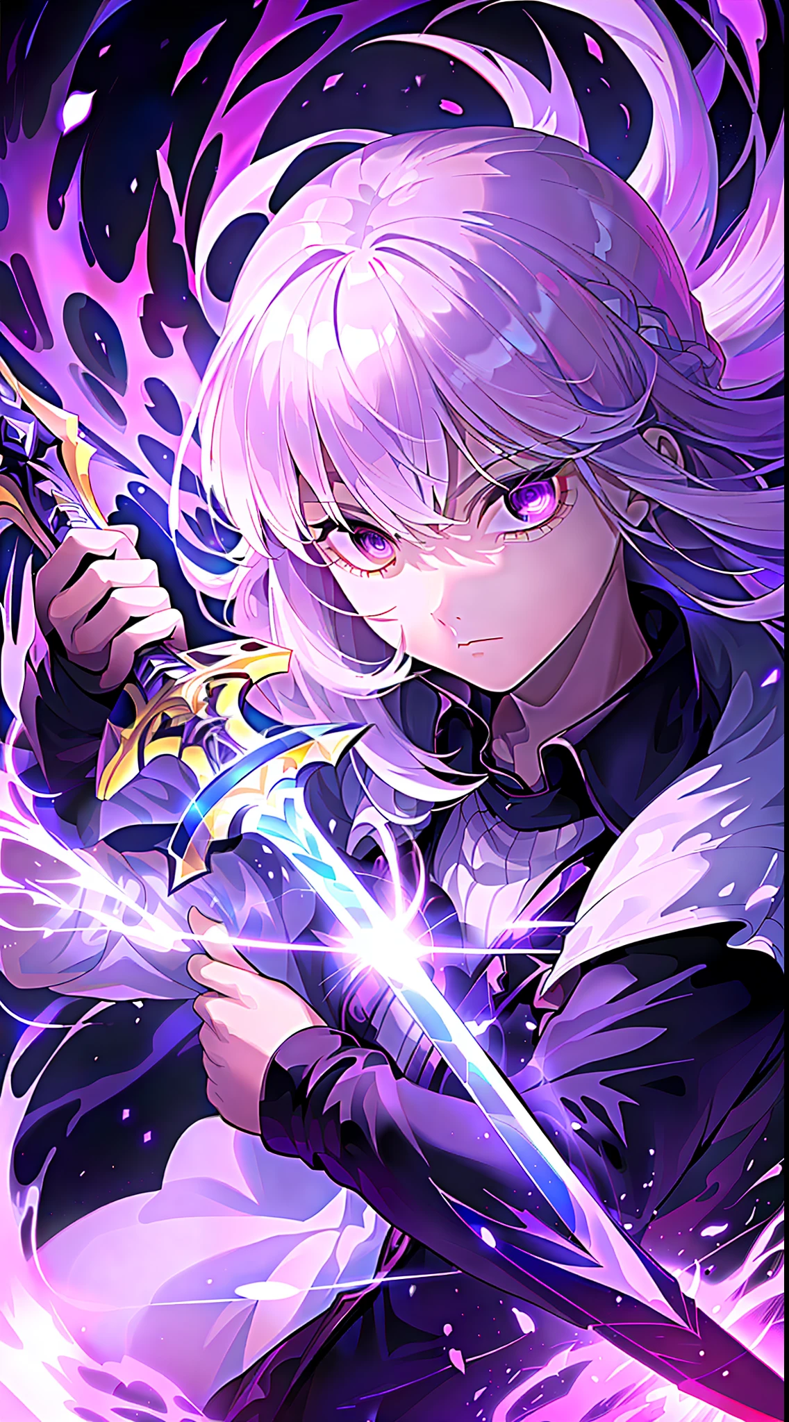 colorful, 1 girl, white hair, purple eyes, double hilt, sword, hand sword, blue flames, brilliance, bright weapon, light particles, wallpaper, chromatic aberration,