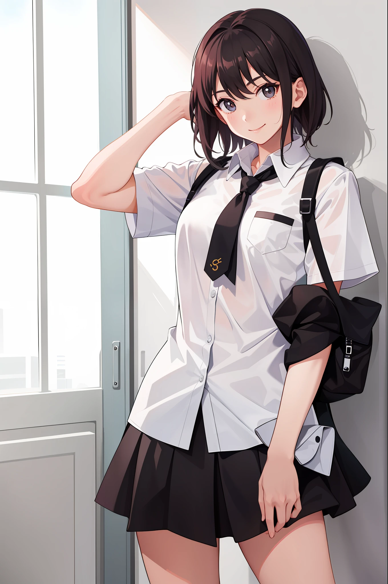 1 girl, smile, shirt, skirt, (small) chiralism,