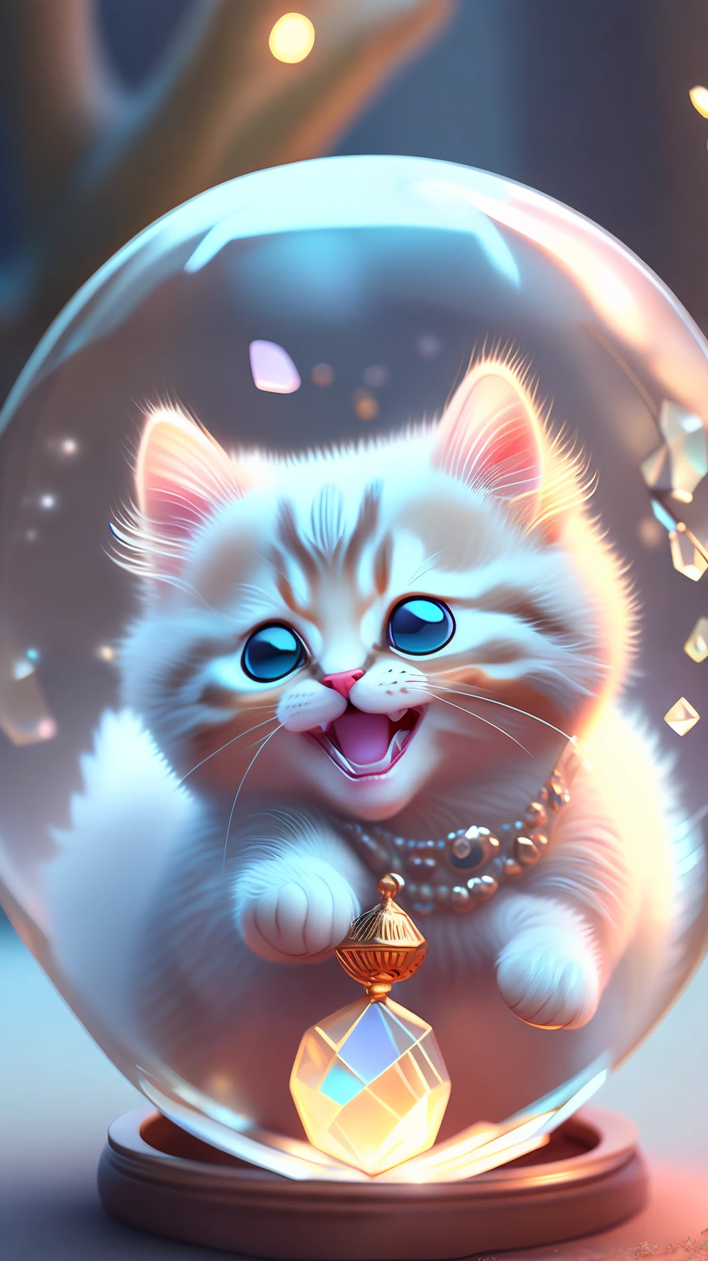 A cute kitten, made of a crystal ball, open mouth, laugh, Morandi color system, highly detailed complex concept art trend with low-poly eyes artstation 8k, laughing !!