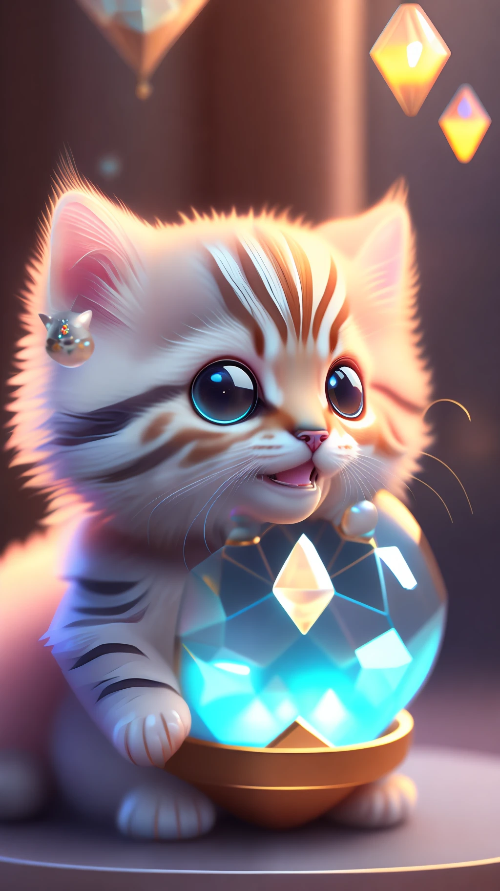 A cute kitten, made of a crystal ball, open mouth, laugh, Morandi color system, highly detailed complex concept art trend with low-poly eyes artstation 8k, laughing !!
