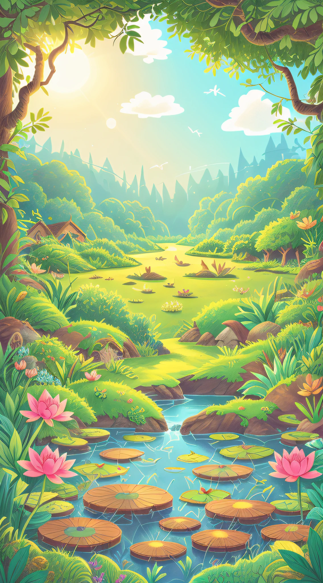 Hand drawn style, summer solstice, rustic background, lotus pond side, large lotus super detail, best quality, --version 5