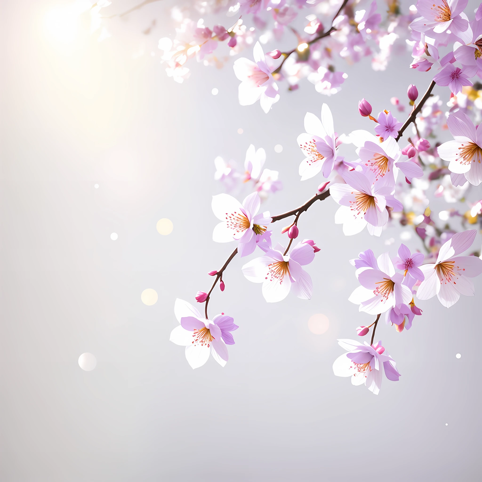 A bouquet of purple plum blossoms, ultra-transparent, holy light, beautiful spectral light, dew on petals, twinkle, morning background, transparent droplets, reflected light, bright, light flowing inward, optical, portrait silhouette, sharp focus, magical, intricate, surrealism, fantasy, composition, light, art station trend, pearl, silver patronus cloud pair, caustic surround ray family 16k, ureal ar 23v4 uplight