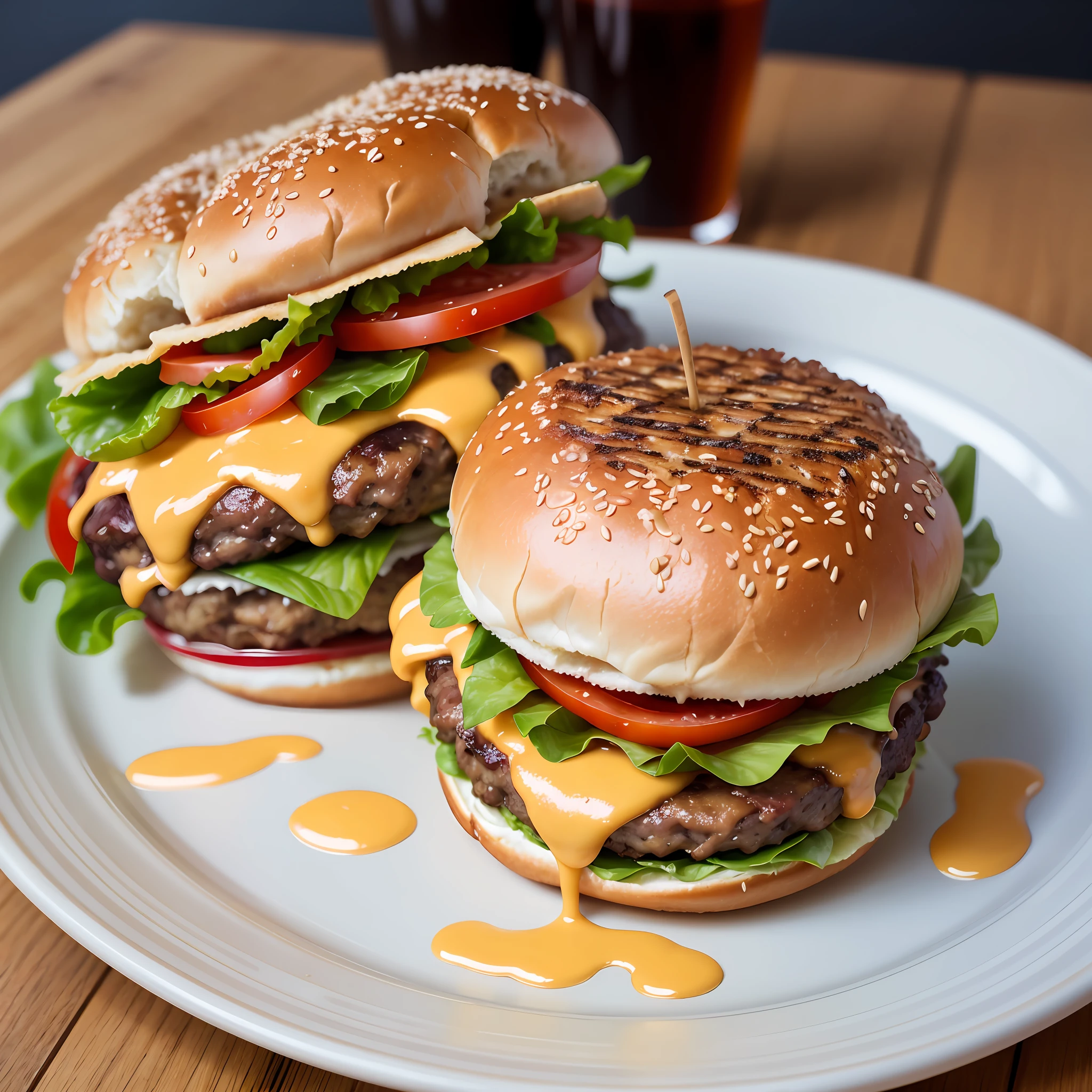 Create the ultimate burger experience with this prompt. Imagine a towering burger with perfectly grilled Angus beef, topped with melted aged cheddar cheese and crispy bacon, all sandwiched between two fluffy brioche buns. But we're not done yet - let's add some caramelized onions, vine-ripened tomato slices, crisp lettuce, and a tangy garlic aioli sauce to really take this burger to the next level. And don't forget to serve it with a side of crispy fries and a cold drink. Your customers won't be able to resist this delicious and mouth-watering burger creation --v 5.1 --no text --s 750 --q 2 --auto --s2