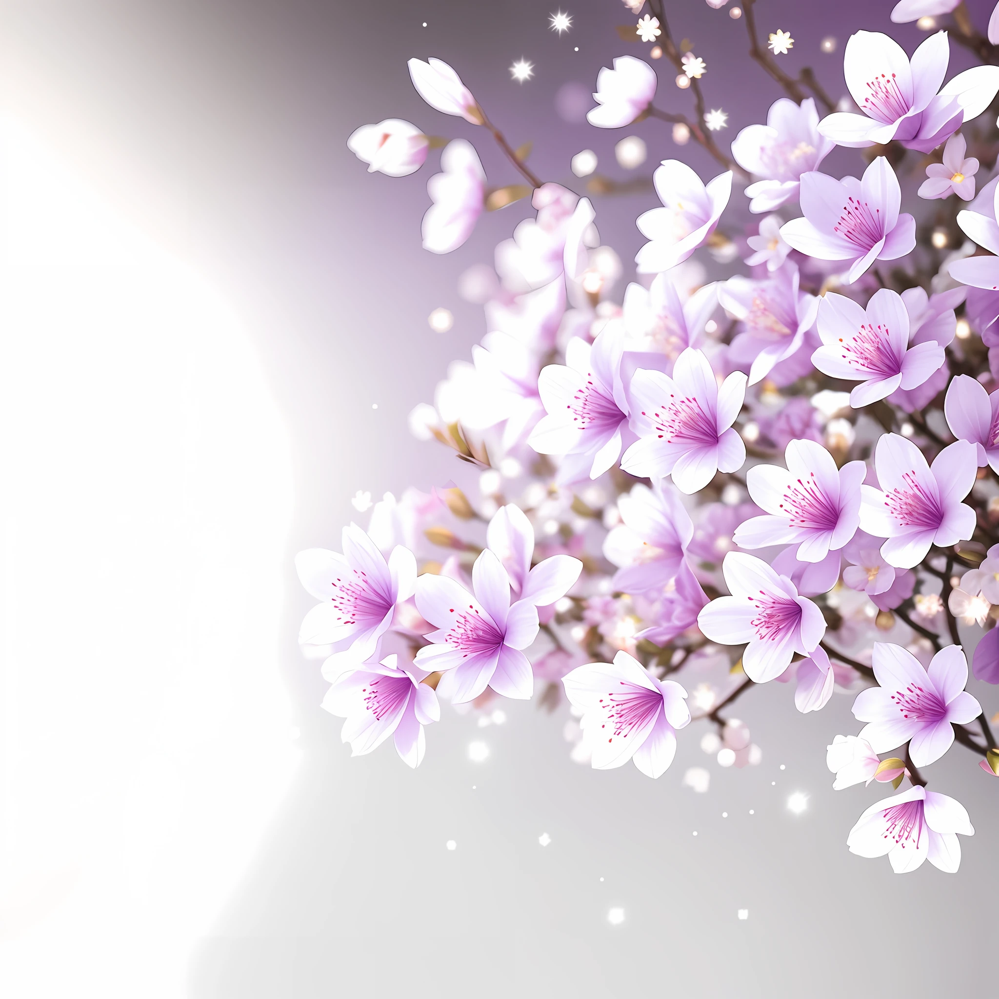 A bouquet of purple plum blossoms, ultra-transparent, holy light, beautiful spectral light, dew on petals, twinkle, morning background, transparent droplets, reflected light, bright, light flowing inward, optical, portrait silhouette, sharp focus, magical, intricate, surrealism, fantasy, composition, light, art station trend, pearl, silver patronus cloud pair, caustic surround ray family 16k, ureal ar 23v4 uplight