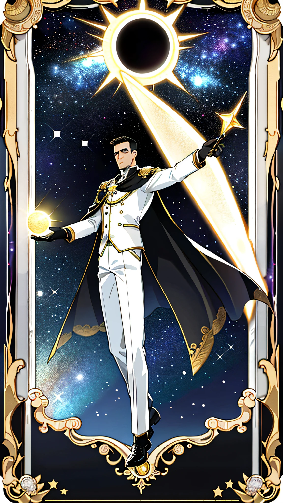 masterpiece, best quality, full body, card, 1 man, eclipse, space, galaxy, short hair, black hair, brush cut, standing, black and white, sun, moon, white, buzz cut, bara, muscle, god, divine, cape, halo, center, best pose, etherious, crystal,man, power, magic, hand using magic, golden, royal