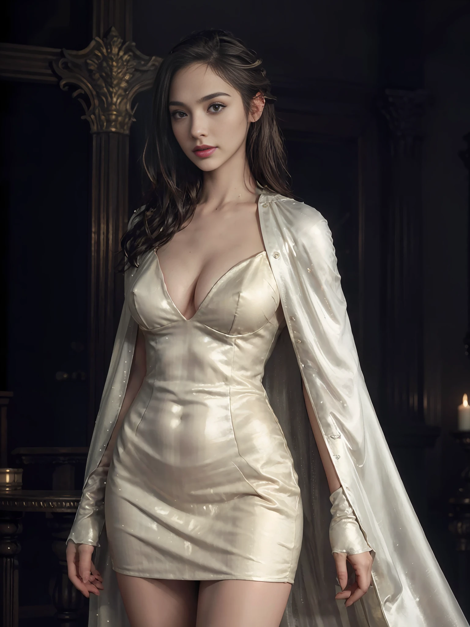extremely beautiful girl, subtle makeup, silver hour, photorealistic, high contrast, 8k HD, detailed, hyper-detailed, realistic skin texture, blonde hair, huge chest, neckline, best quality, ultra high res, raw photo, dramatic lighting, unreal engine, intricate diffuse glow eaba silver, black cape, king's hall, standing