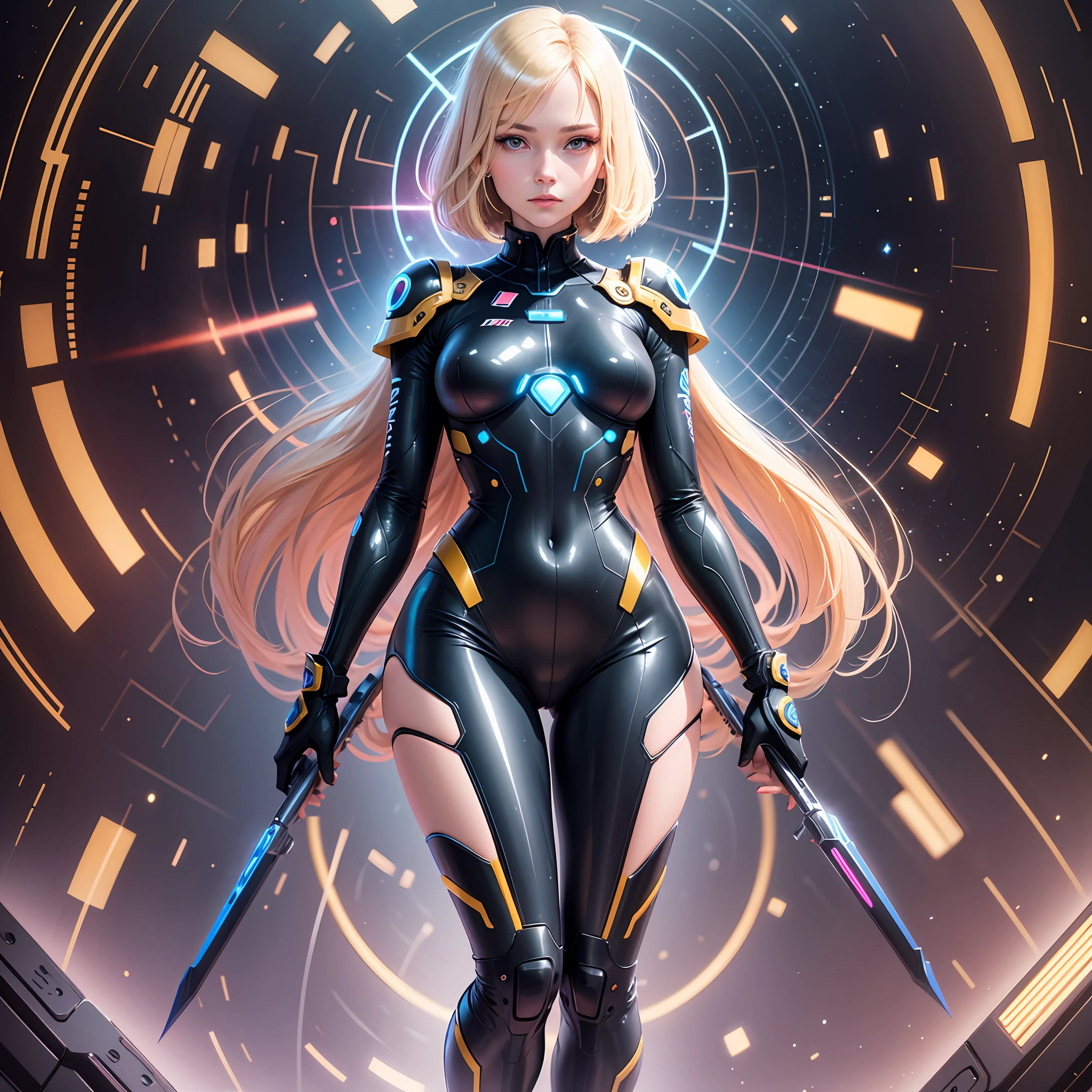 northem renaissance, anime illustration, very cute lady, turn around with a sad expression, futuristic bodysuit, blonde brown glossy long bob cut hair that bounces in places, sparkling blue eyes, glossy lips, great perfect proportion, full body, background galaxy, rainbow light, neon light, color line, very high image quality, high quality, exquisite, 16k --auto --s2