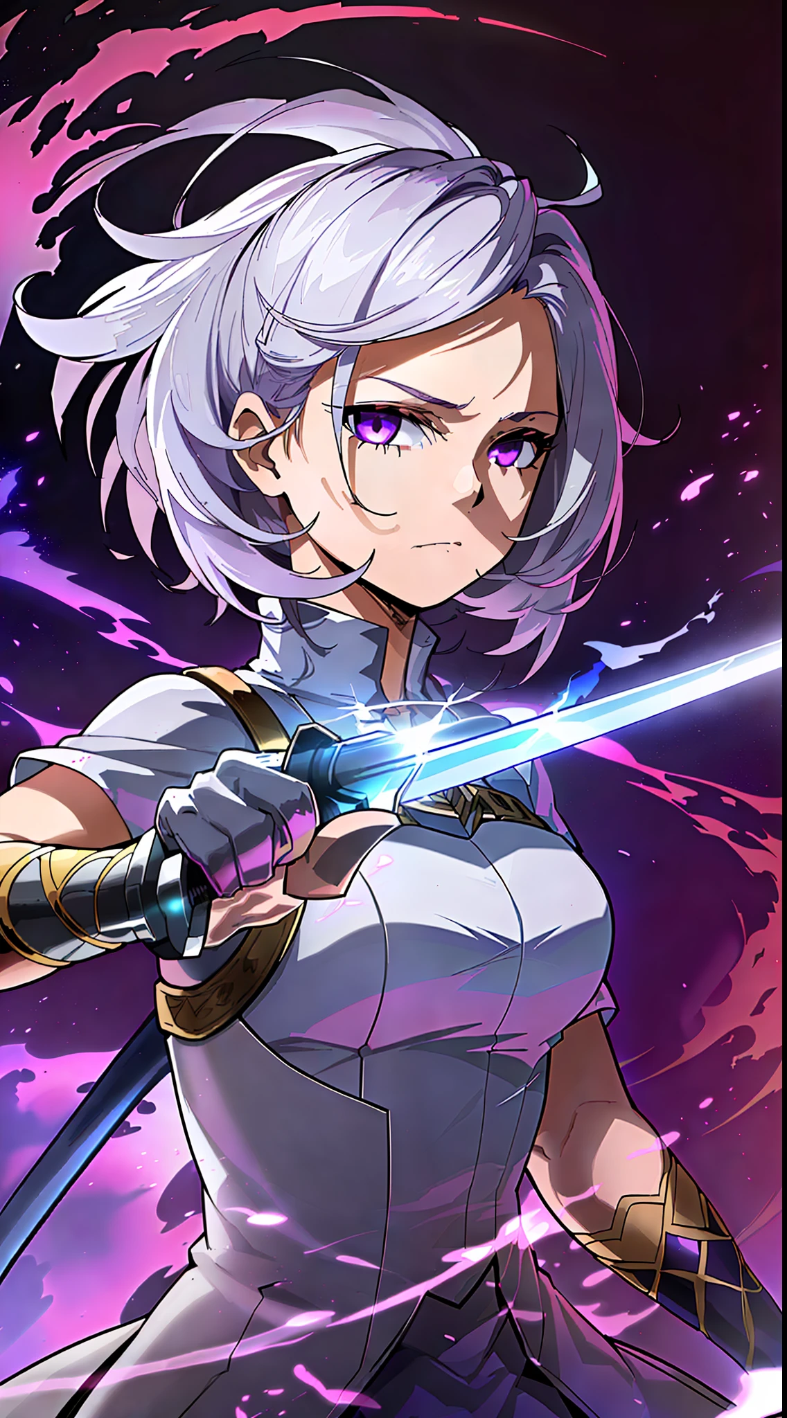 colorful, 1 girl, white hair, purple eyes, double hilt, sword, hand sword, blue flames, brilliance, bright weapon, light particles, wallpaper, chromatic aberration,