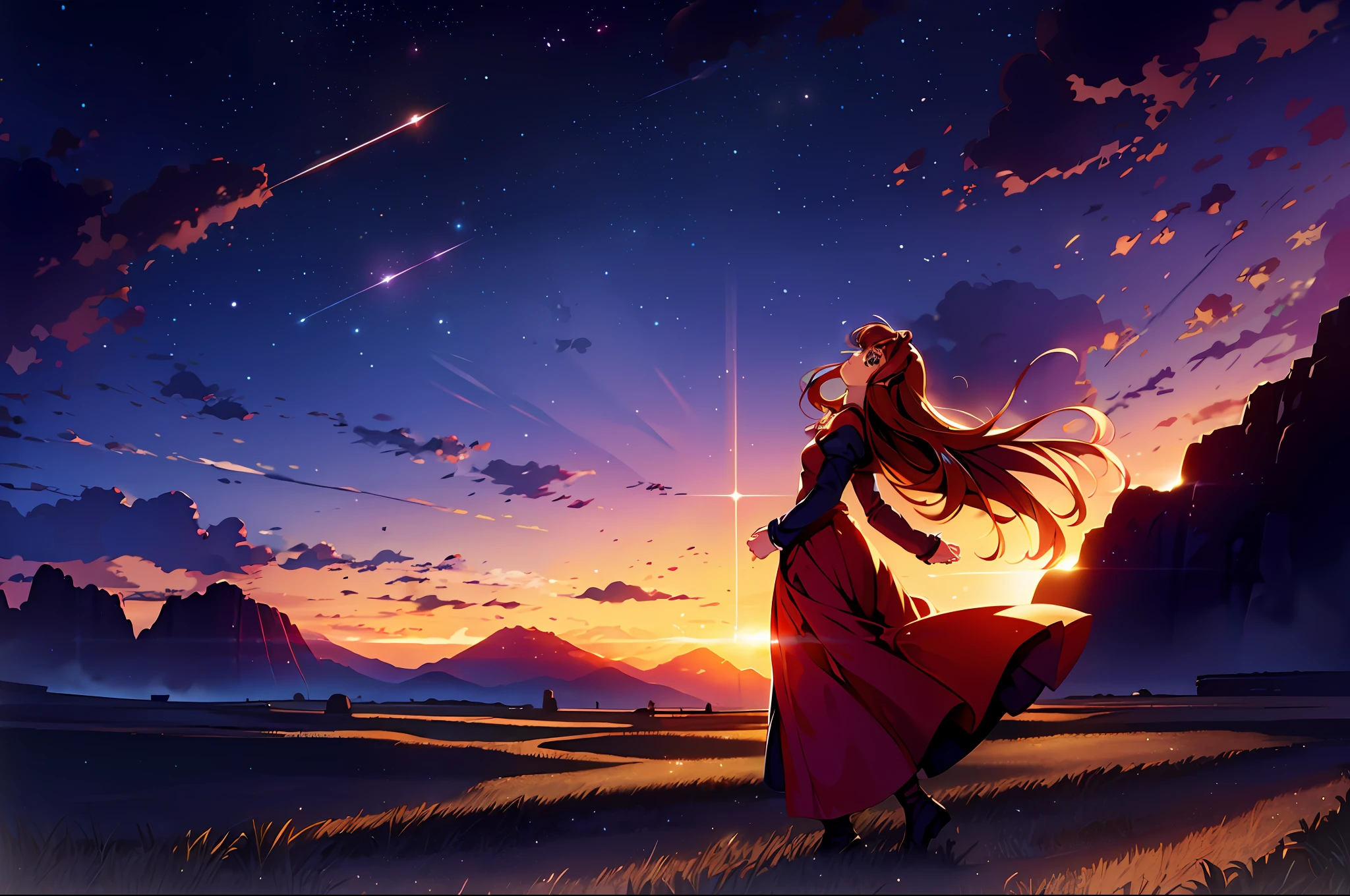 masterpiece, best quality, 1girl, Maria Balthazar from Xenogears,(tall:1.1), solo, looking up, excited, (facing forward),(from side),hand running through hair,
standing in a dark field, mountain range on the horizon, planets in background,