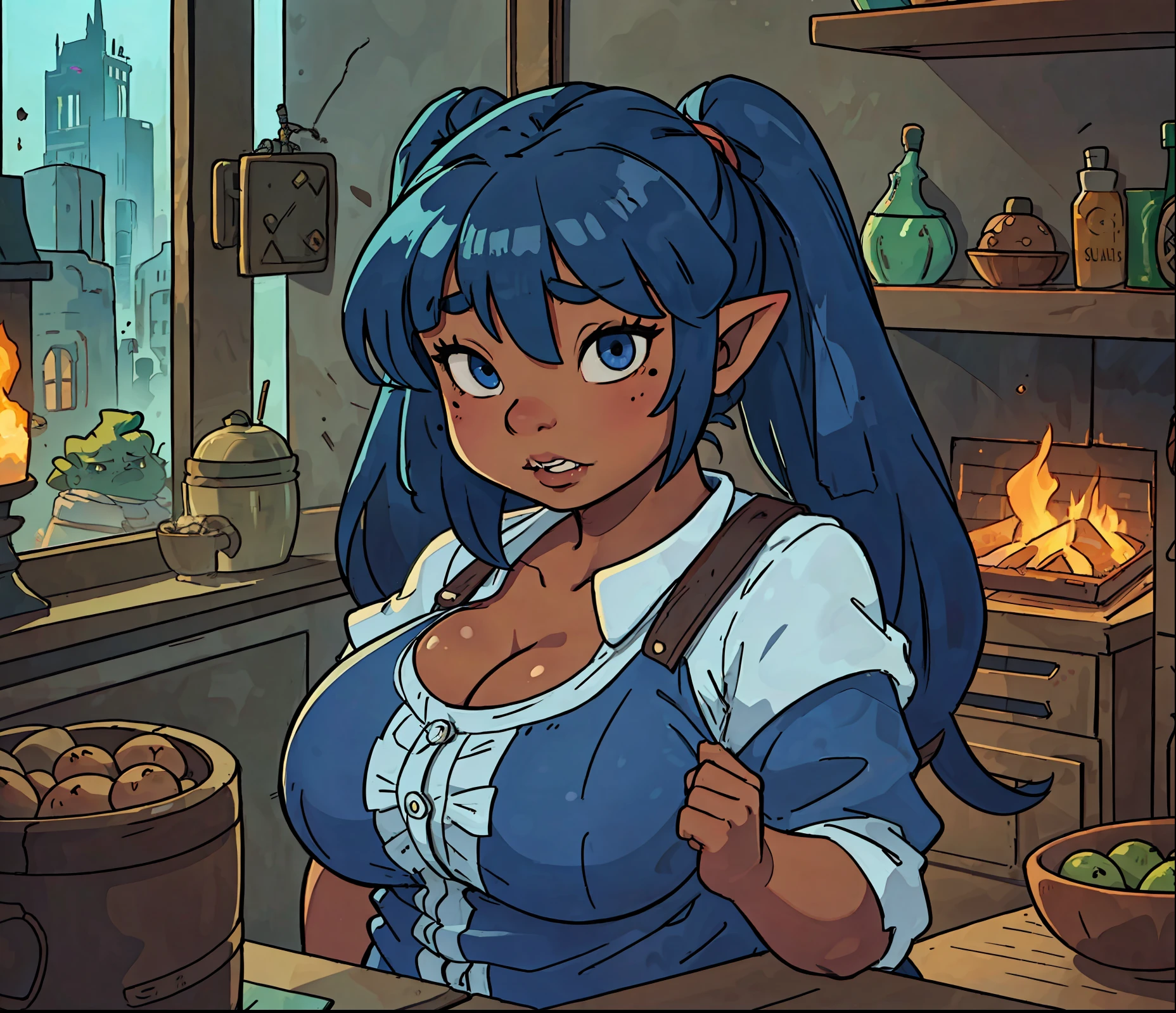 goblin, goblin girl, blue hair, very long hair, dark_ skin, dark skin goblin, wide body, very dark skin girl, small stature, very chubby, cute goblin, huge breast, very large breast, hair between eyes, twintails, chubby, chubby girl, chubby girl goblin, wide hips, blue eyes, mole, mole on chest, age up, lips, big lips, thick eyebrows, body with fur, short girl, short goblin girl twintails, short girl, highly detailed, fat, fat goblin, gothic girl, Gothic clothes