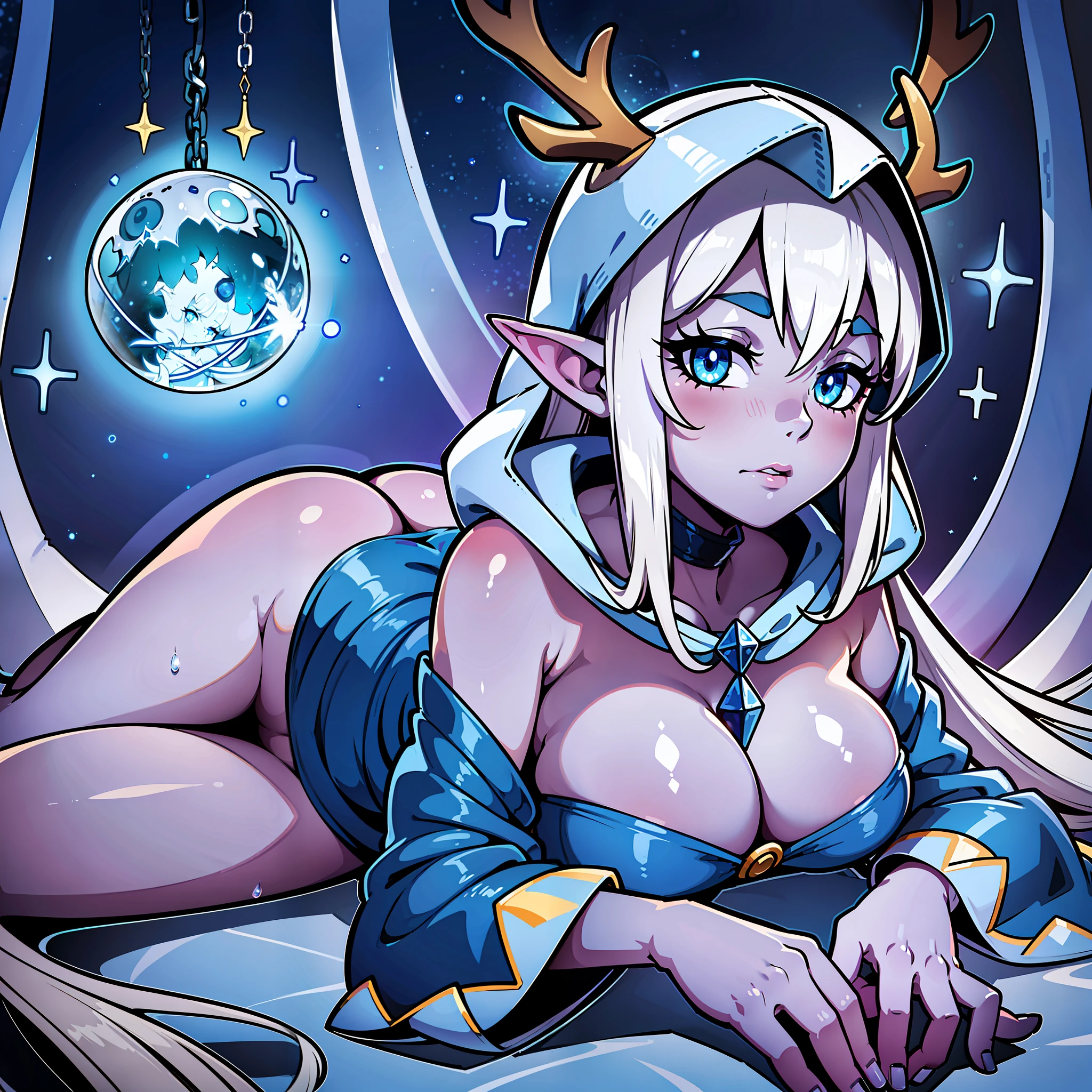 Elf ears, pointed ears, ((robe)), ((hooded)), ((hood with antlers)), Mysterious, Enigmatic, Otherworldly, Solitary, Sage, Lunar being, Moonlight, Silver-white hair, Shimmering blue and silver ribbons, Moonlit night, Reflective eyes, Deep wisdom, Melancholy, Slender, Graceful, Pale luminescence, Moonlight glow, Silver-white hair, Shimmering blue and silver ribbons, Reflective eyes, Silvery-blue glow, Moonlit night, Flowing gown, Phases of the moon, Dark blue, Deep purple, Silver and gold celestial patterns, Stars, Moons, Constellations, High collar, Hood, Silver amulet, Delicate chain, lantern, Moon, Gentle source of light, Silver rings, Moonstones, ((1girl)), ((simple background)), ((colored background)), wide hips, full body, ((pin up)), ((big butt)), ((big eyes)), ((colored skin)), ((laying down))