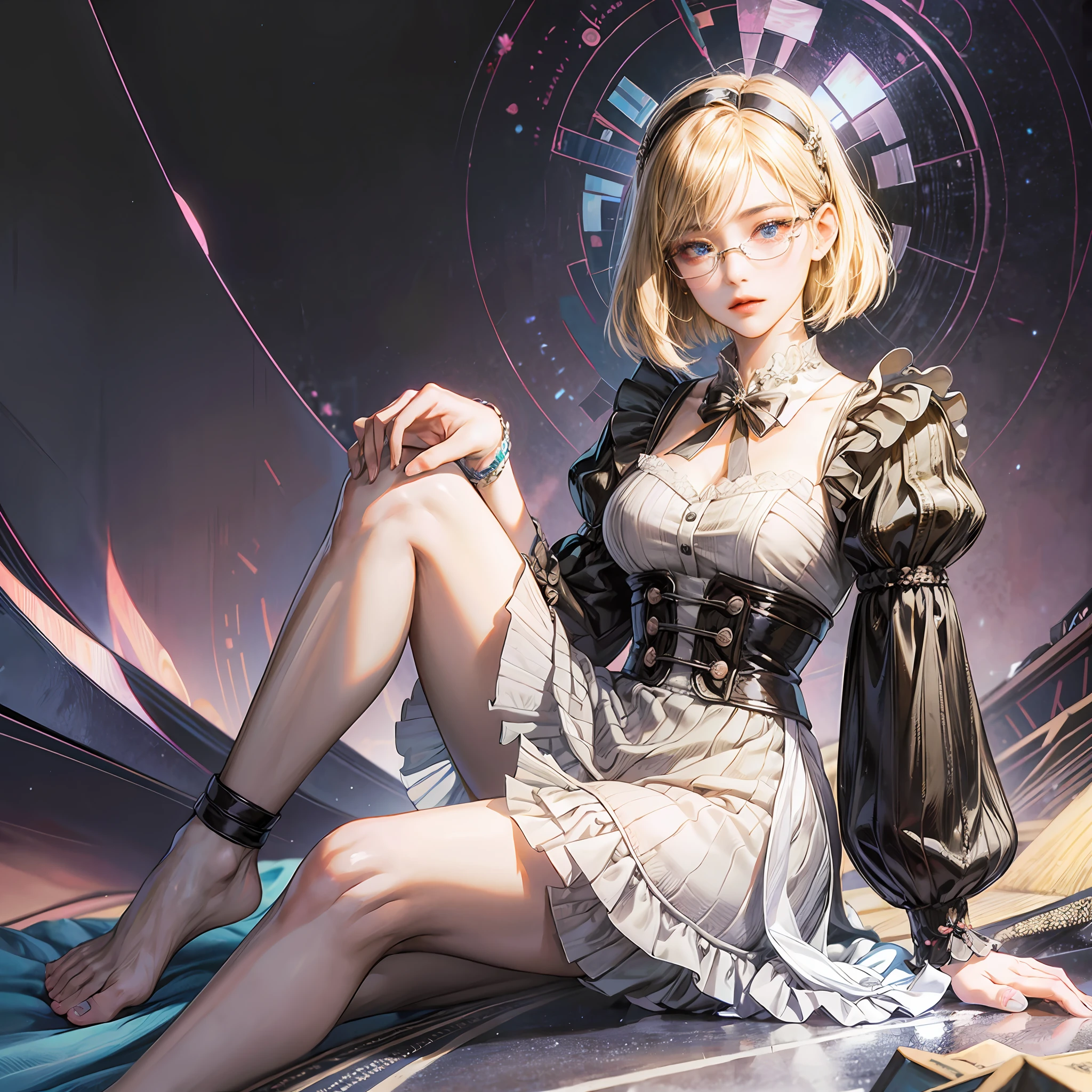 anime, illustration, very beautiful cute woman, black and gray maid clothes, glasses, blonde light brown disheveled long bob cut, glossy blue big eyes, best proportion, full body, background kaleidoscope, high resolution, best quality, ultra high definition, ultra realistic --auto --s2