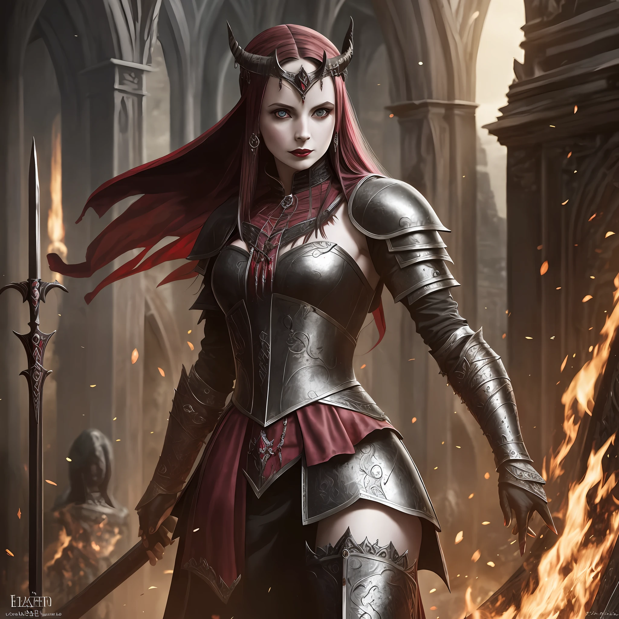 Elizabeth bathory, Full body, black gothic armor, hyper-realistic, working cousin, 4k, Dark fantasy, vampire