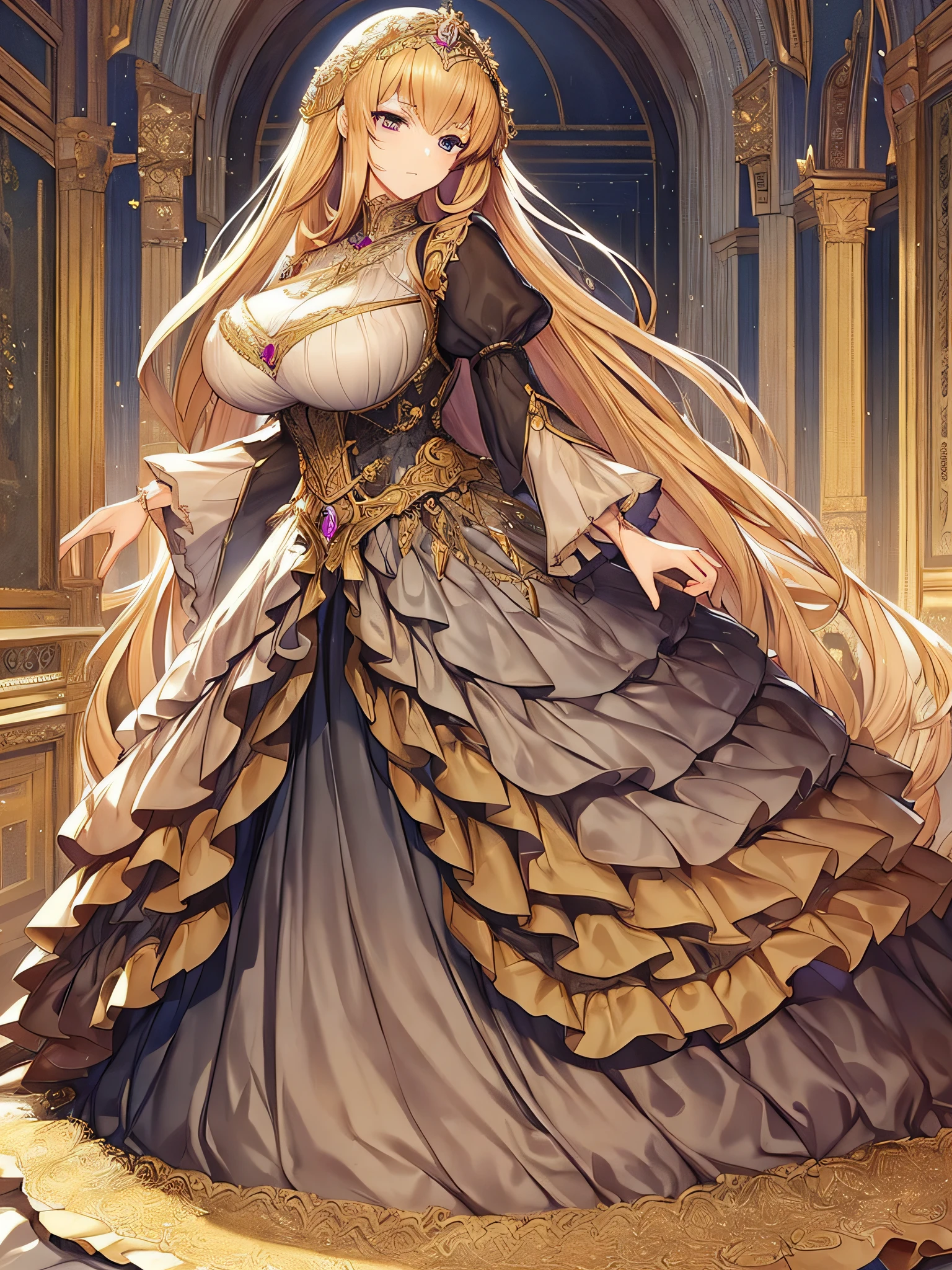 ((anime moe artstyle)),noble atmosphere,(Masterpiece), (Best Quality), (Super Detail),Illustration,(Very Delicate and Beautiful),Dynamic Angle,Looking at viewer,(((Solo))),((Full body)),(((1 gorgeous noble princess in ball gown with a voluminous skirt))),detailed beautiful face and eyes,jewel-like eyes,(Very Long Hair),gorgeous embroidery and lace,See-through,ornate ruffles,(gigantic breasts,Long breasts),(gorgeous embroidery ball gown with a voluminous skirt),