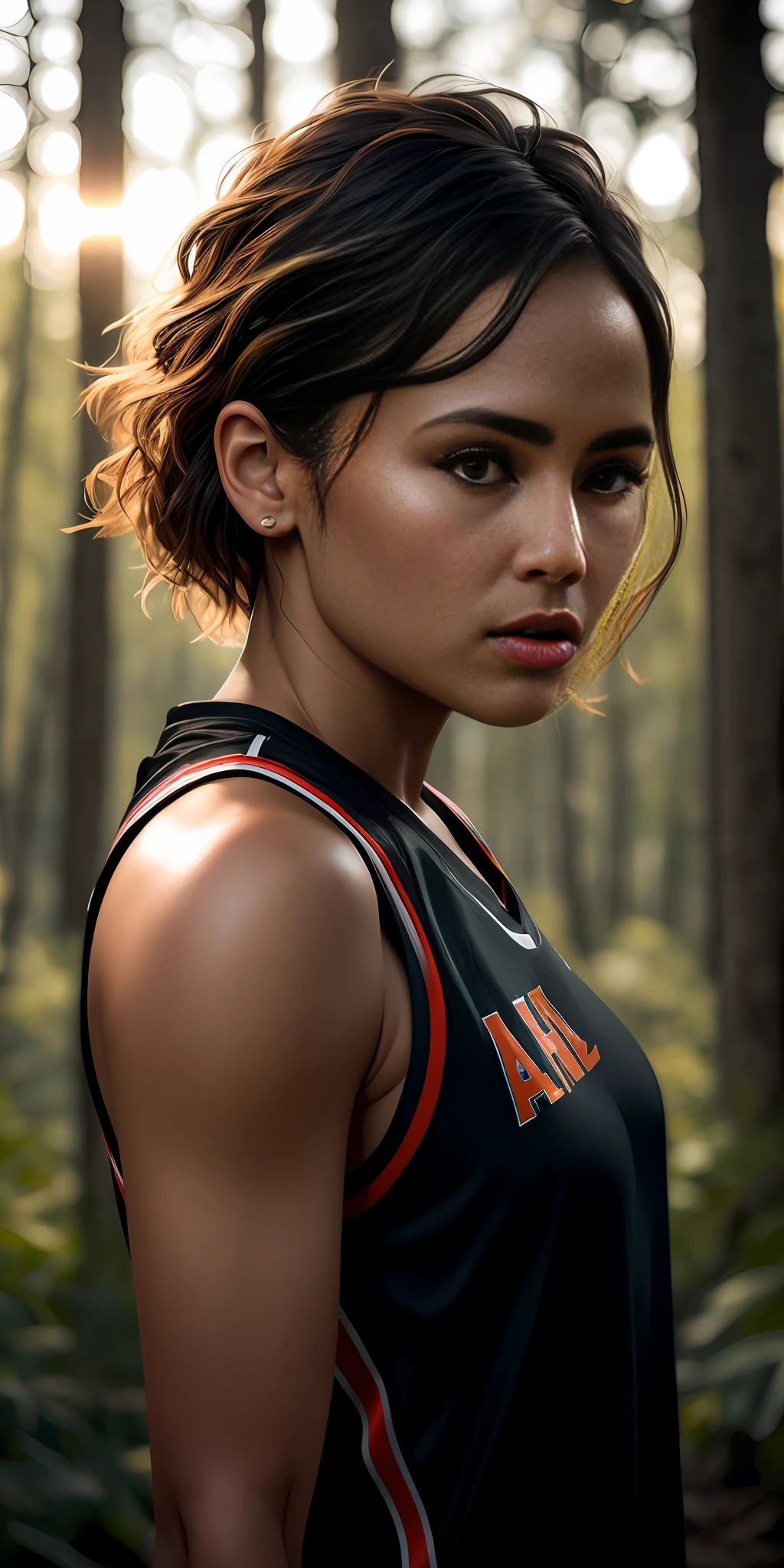 beautiful college girl, wearing basketball outfit, in the forest, ((slim, petite)), photorealistic, photo, masterpiece, realistic, realism, photorealism, high contrast, photorealistic digital art trending on Artstation 8k HD high definition detailed realistic, detailed, skin texture, hyper detailed, realistic skin texture, armature, best quality, ultra high res, (photorealistic:1.4),, high resolution, detailed, raw photo, sharp re, by lee jeffries nikon d850 film stock photograph 4 kodak portra 400 camera f1.6 lens rich colors hyper realistic lifelike texture dramatic lighting unrealengine trending on artstation cinestill 800,